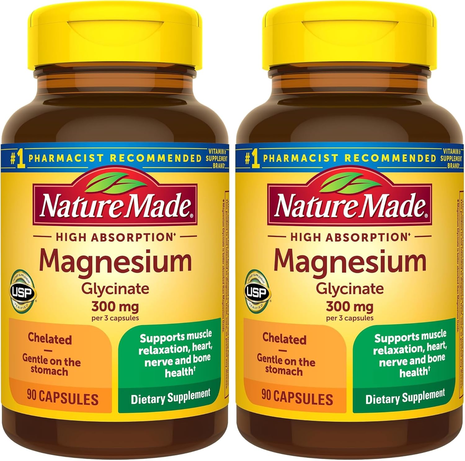 Nature Made High Absorption Magnesium Glycinate 300mg per 3 Capsules, Mg-Supplement for Muscle, Heart, Nerve and Bone Support, 90 Mg Bisglycinate Capsules, 30 Day Supply,(Pack of 2)