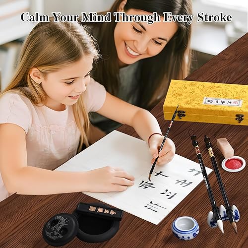 Miniatura 6 de I-MART Juego de caligrafía china para principiantes con 4 pinceles, piedra de tinta, barra de tinta, pasta de tinta roja, sello, cuenco de agua de