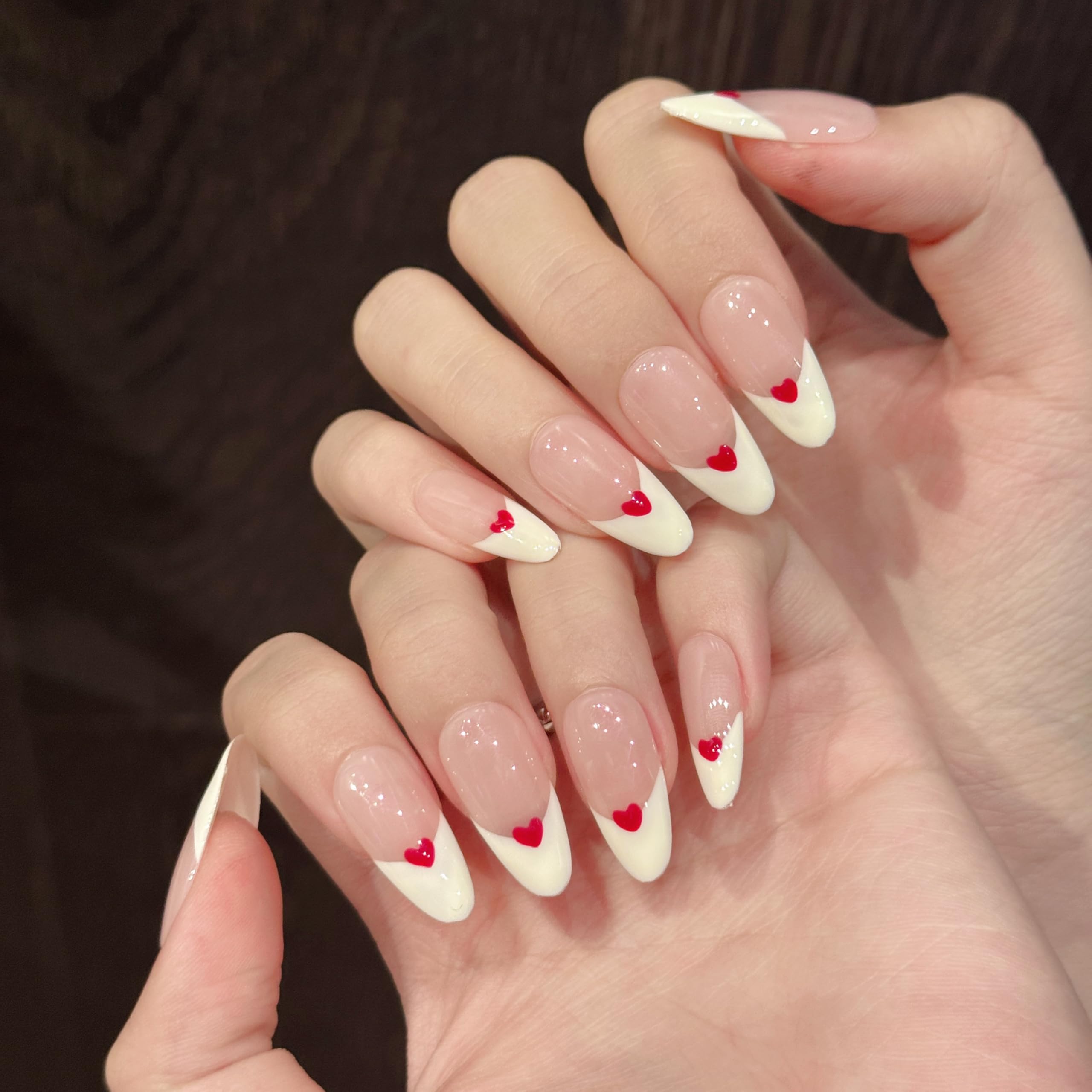 Tesytto Valentine's Day Press on Nails with Red Heart - Medium Almond Fake Nails Full Cover Glossy, Classic White Edge Design French Tip Handmade
