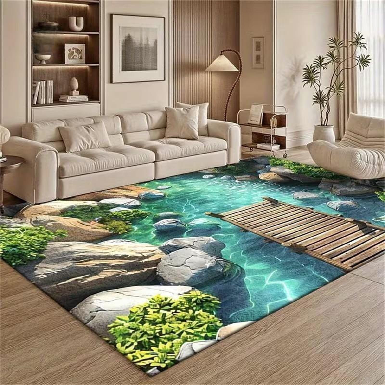 3D Illusion Carpet, 100x150cm，Modern Natural Landscape Small Bridge River Stone Forest Beautiful Rugs Mat, Soft Non-slip Washable Rug for Study, Dormitory, Corridor, Living Room Indoor Decoration