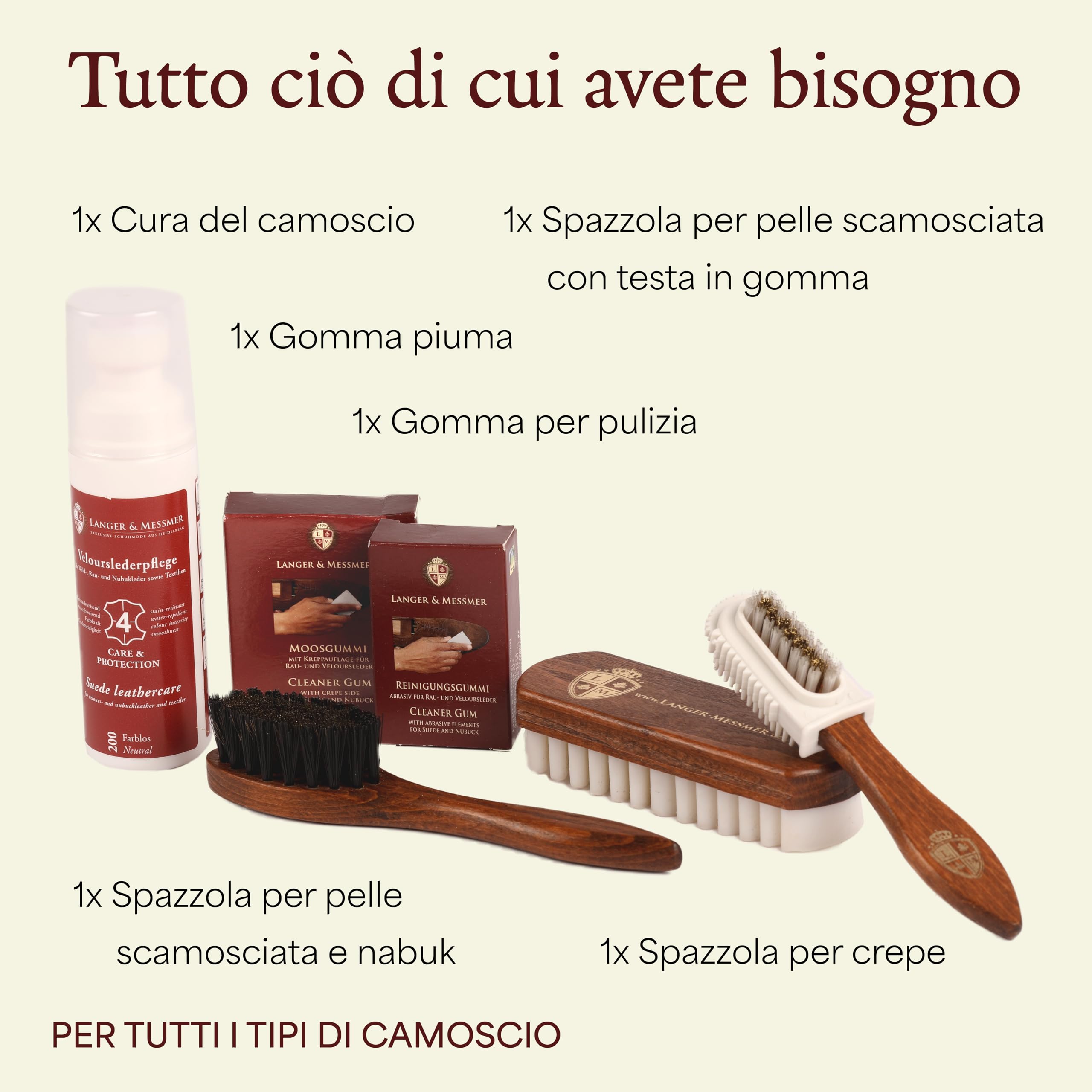 Langer & Messmer set per la cura delle scarpe in pelle scamosciata - kit per la cura delle scarpe con spazzole per nubuck e prodotti per il rinfresco del colore, la protezione e l'impregnazione