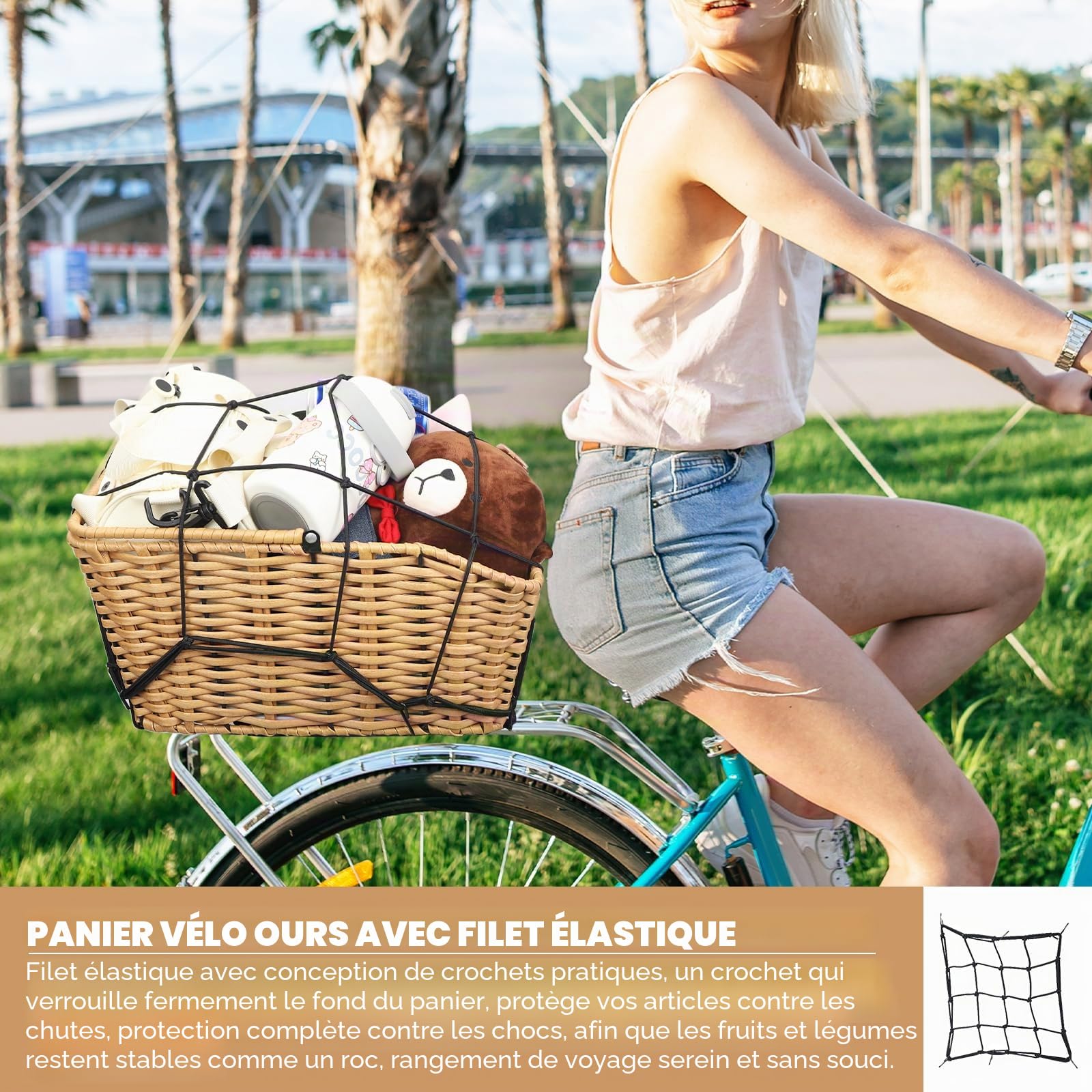ZUKKA Panier de vélo arrière tissé Panier de vélo arrière amovible Panier de rangement de vélo pour rack arrière de la plupart des types de vélos