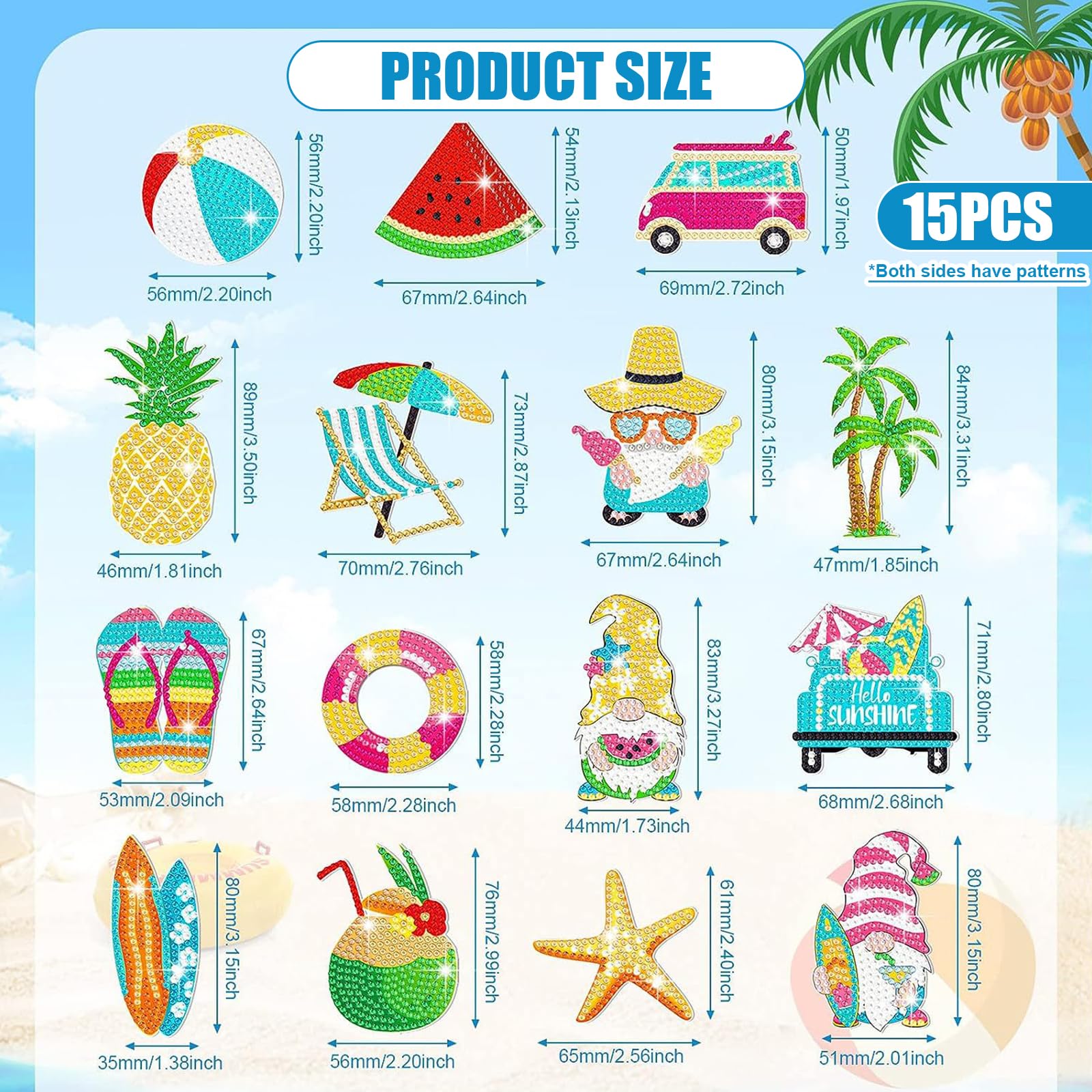 15 Pezzi Doppio Lato Diamante Portachiavi Kit Stili Hawaiani Estiva Diamond Painting Portachiavi Keychain per Bambini Adulti Principianti Pittura Diamante Fai da te Mosaico Decorativi Ciondolo Regali