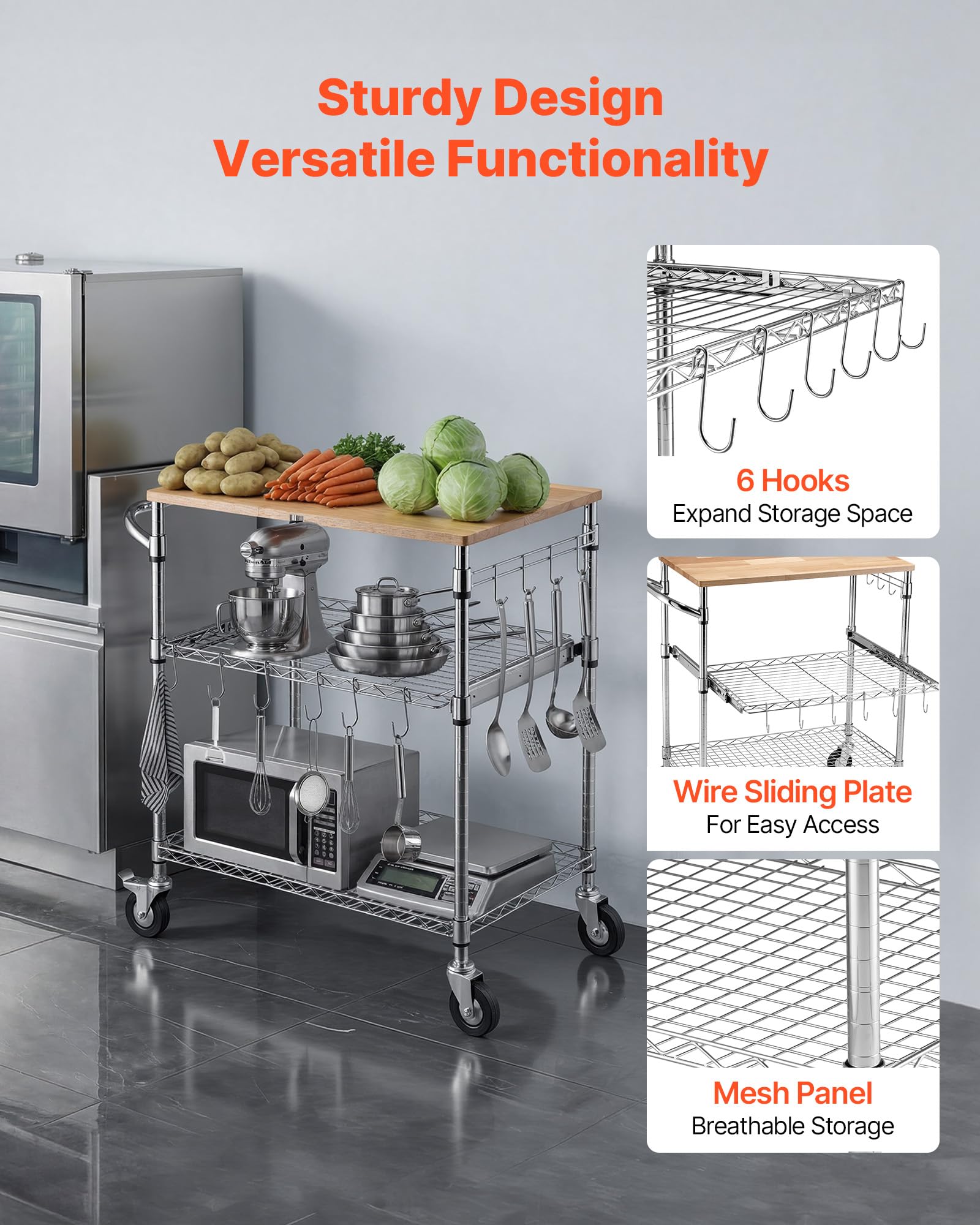 VEVOR Carrito de Cocina de 3 Niveles con Tapa de Madera, Estante de Almacenaje Ajustable, Carrito Auxiliar con Ruedas Giratorias y Asa, Carro de Servicio para Garaje, Lavadero, 76,2 x 45,7 x 91,4 cm