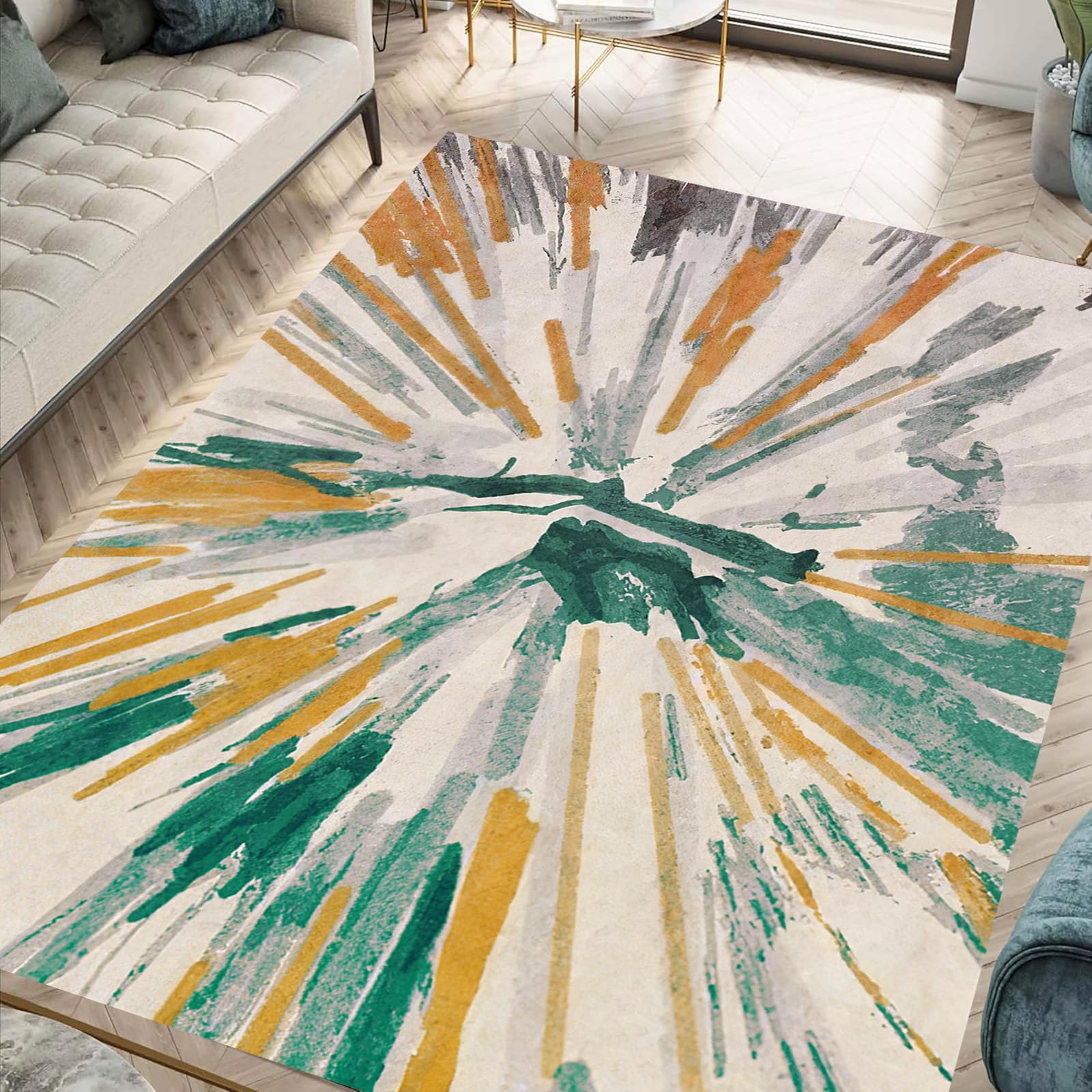 Tapis grand salon 200x300 cm abstrait vert et orange lavable en machine