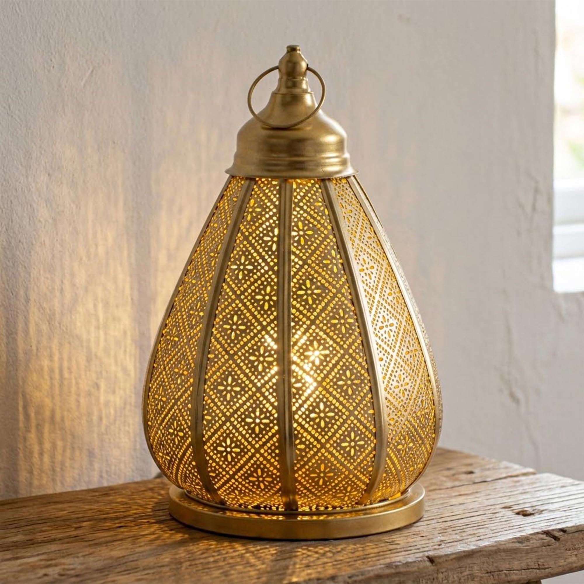 TRIROCKS Moroccan Vintage Metal Hanging Lamp Battery Powered Table Light 30cm Tall Cordless Lantern for Living Room Bedroom Weddings Party Garden Lounge Outdoor Indoor Balcony Home(Gold)