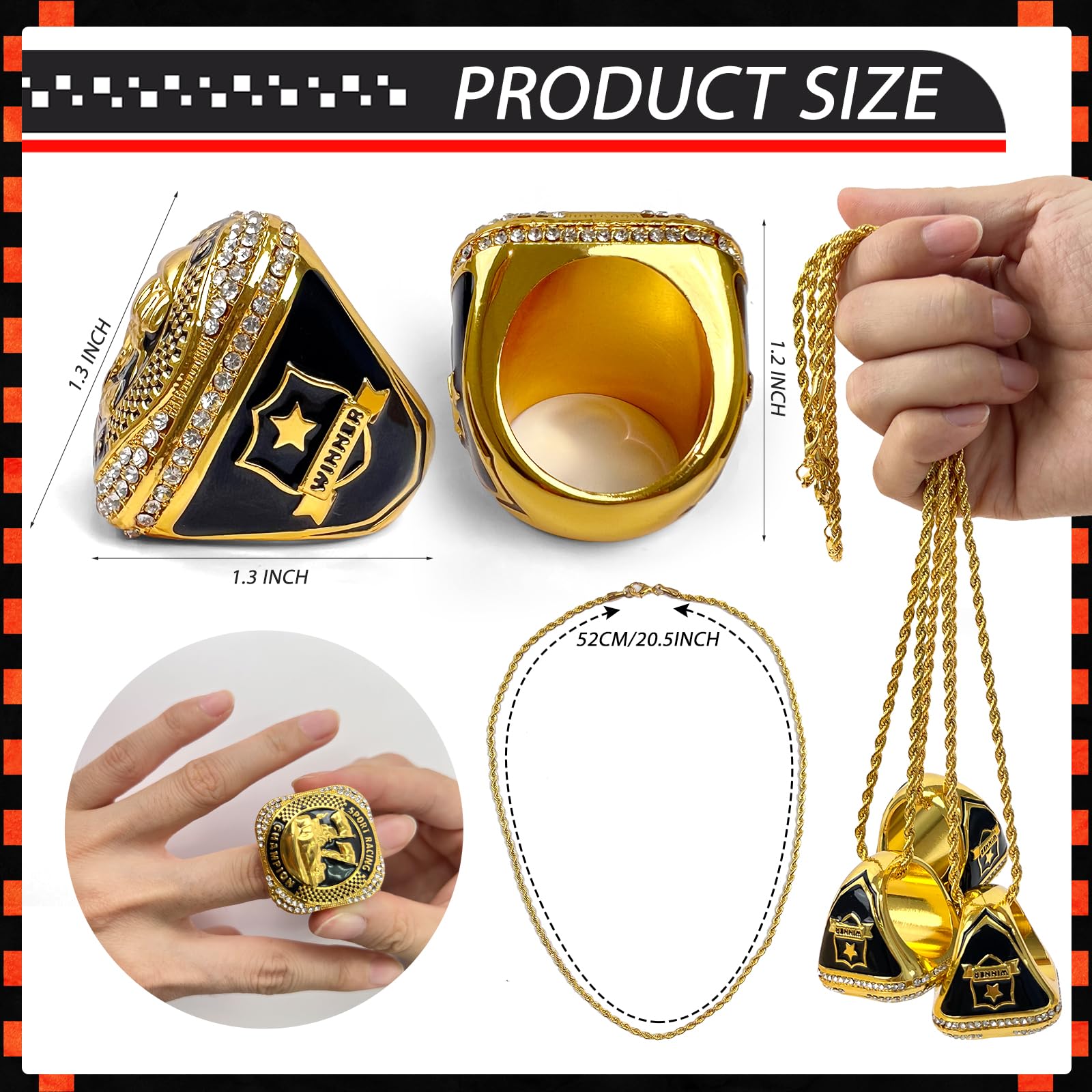 Sitroasho 3 Pcs Racing Championship Trophy Rings with Display Neck Chain,Sport Racing Winner Award Gift for Event Gamer Race Birthday Party Favors