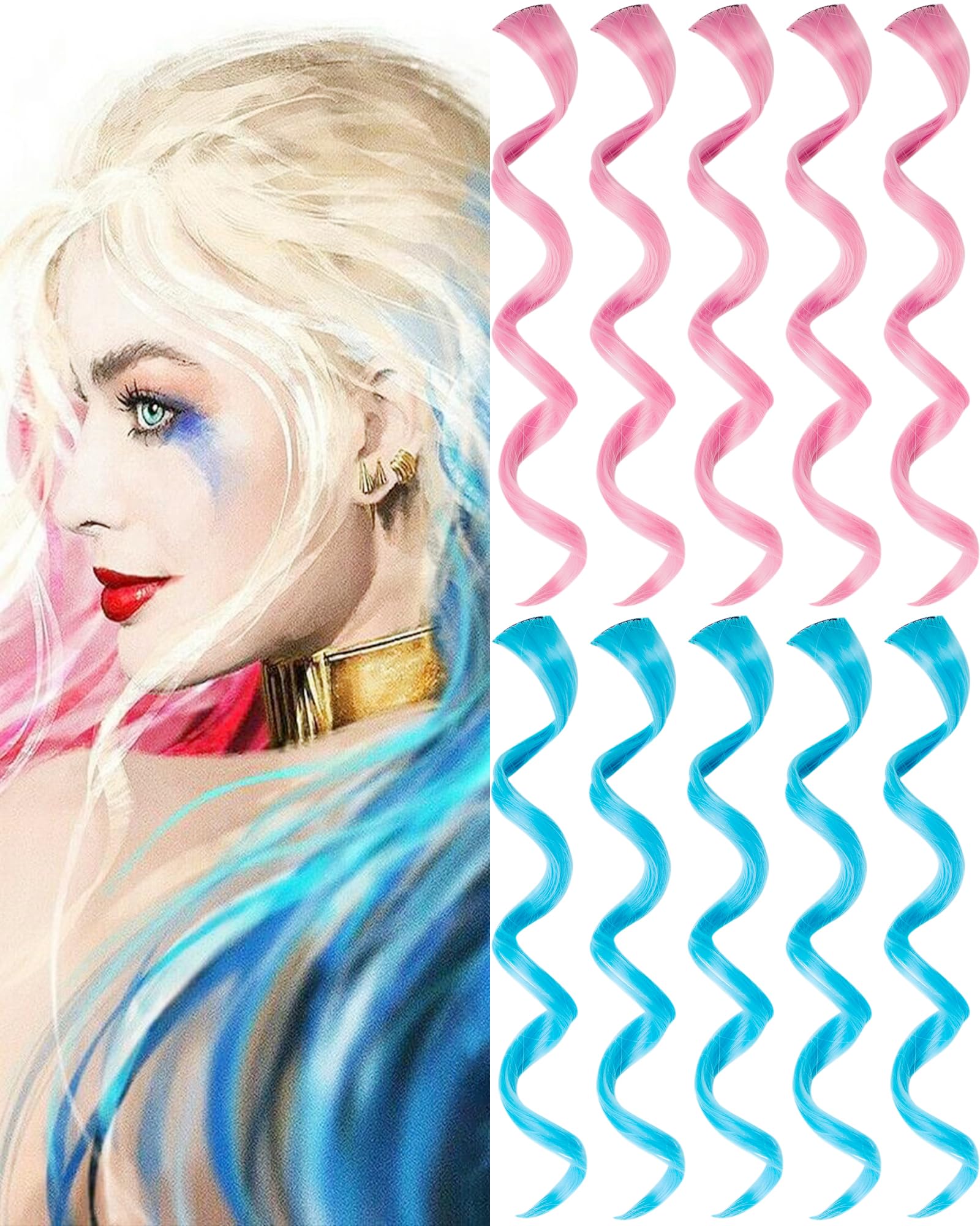 Photo 1 of 10 PCS Pink and Blue Hair Extensions, Colorful Accessories for Women 17 In