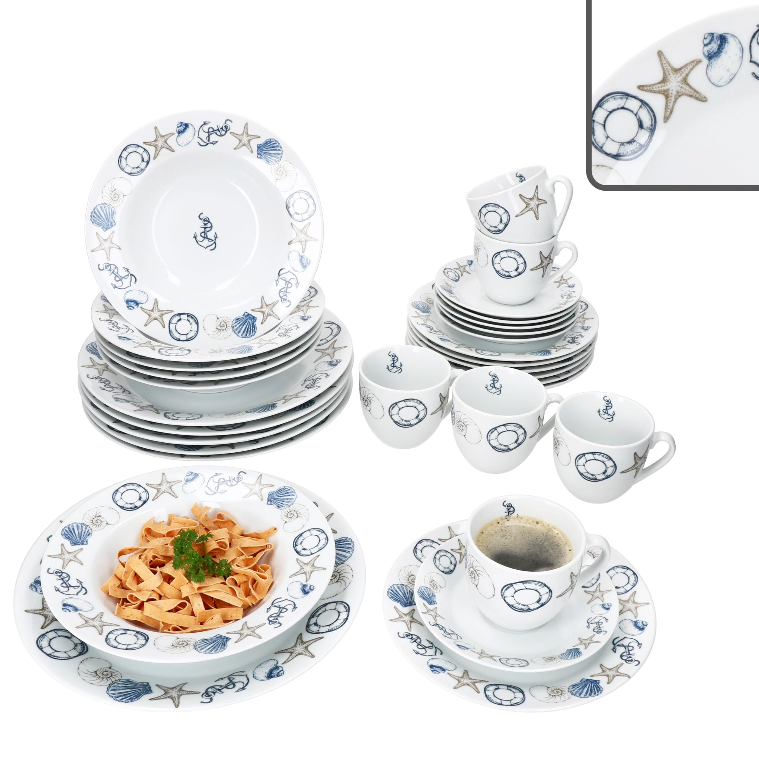 MamboCat Neptun 30tlg Kombiservice I Porzellan Geschirrset mit maritimen Motiven Anker, Muschel & Co für 6 Personen I je 6X Tassen, Untertassen, Kuchen-, Suppen- & Speiseteller
