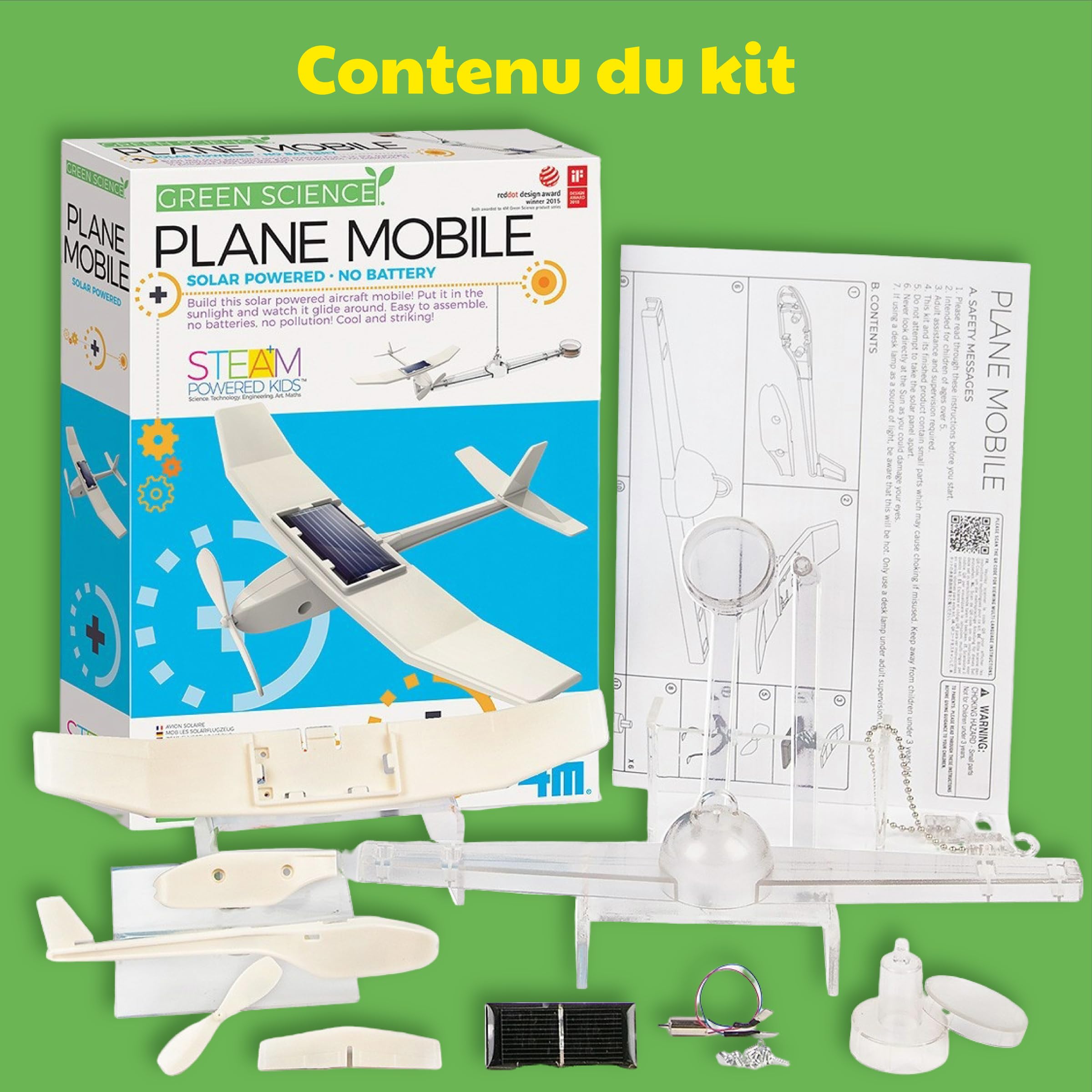 4M Green Science Avion Solaire Mobile – Kit STEM à Construire – Jouet Éducatif Énergie Solaire – Mobile Avion avec Panneau Solaire – Enfants 5+