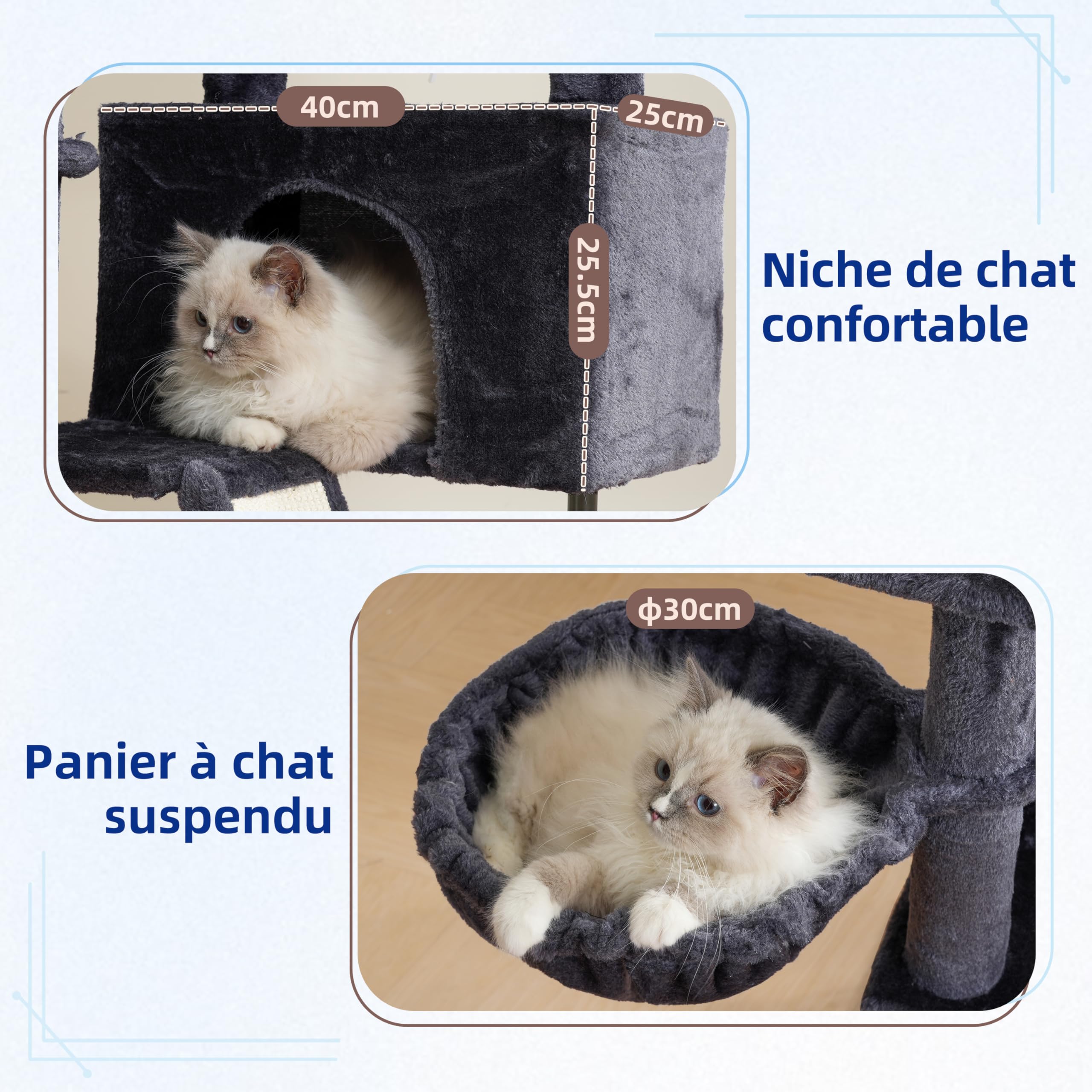 Gitelsnour Arbre à Chat Interieur, Tour de Jeux pour Chats, Tour Chat avec Griffoirs, Plateforme supérieure Amovible, Poteaux à Griffer, Hamac, Pompons, Niches, Gris foncé GCT006SG