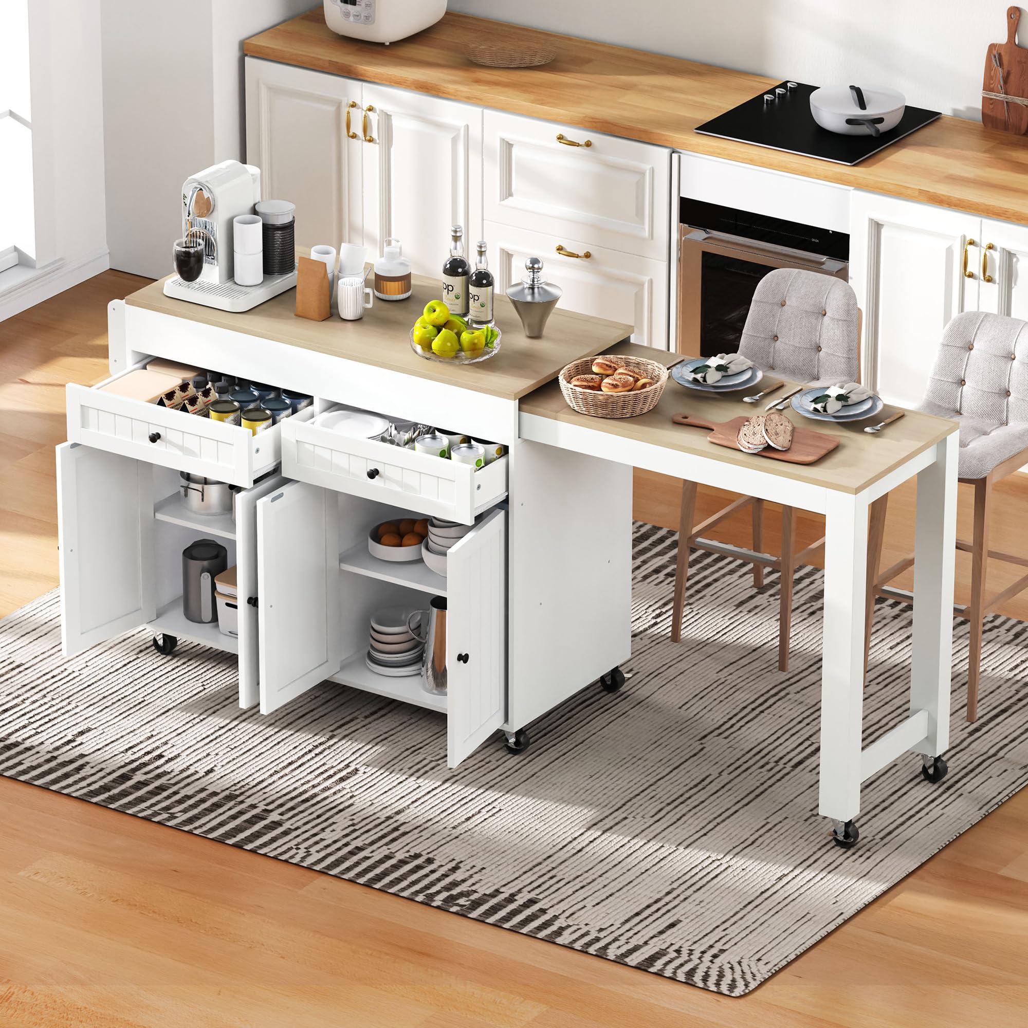 Îlot de cuisine sur roulettes avec 2 tiroirs, 4 portes, plan de travail extensible, table de bar extensible avec espace de rangement, table extensible, pour 2 à 6 personnes, chariot de cuisine