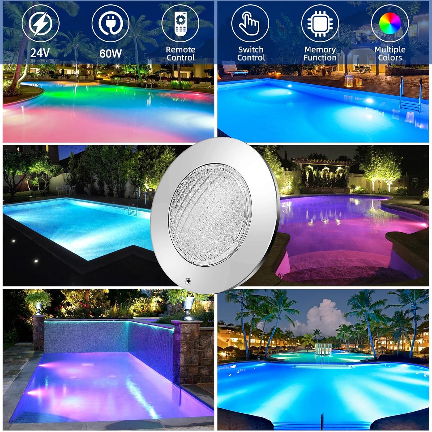 Color Changing LED Pool Light with Remote Controller, 60W 10 Inch Pool Lighting for Wet Niche, Underwater Swimming Pool Lights for Inground Pool, 100 Foot Cord