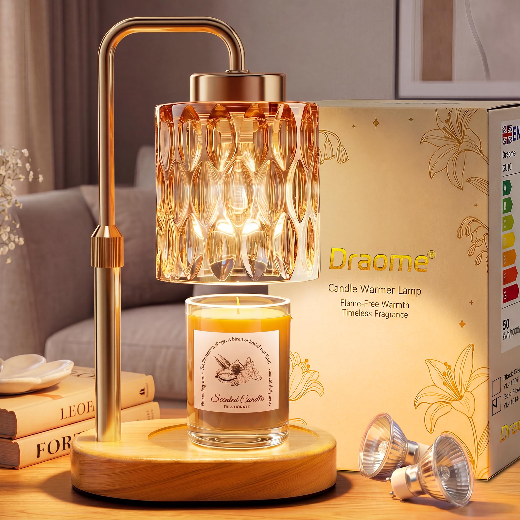 Draome Candle Warmer Lamp with Timer, Dimmable, Height Adjustable, Flameless, with 2 Bulbs, Flower Glass Shade, Gift for Women (A1-Gold) — image 1