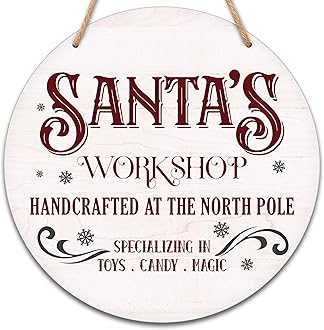 Christmas Wooden Sign Wall Decor, Welcome Sign For Front Door, Santa's Workshop Round Hanging Sign With Rope, Christmas Gifts For Family Friend, Winter Decor For Farmhouse Home Outdoor Porch, D01