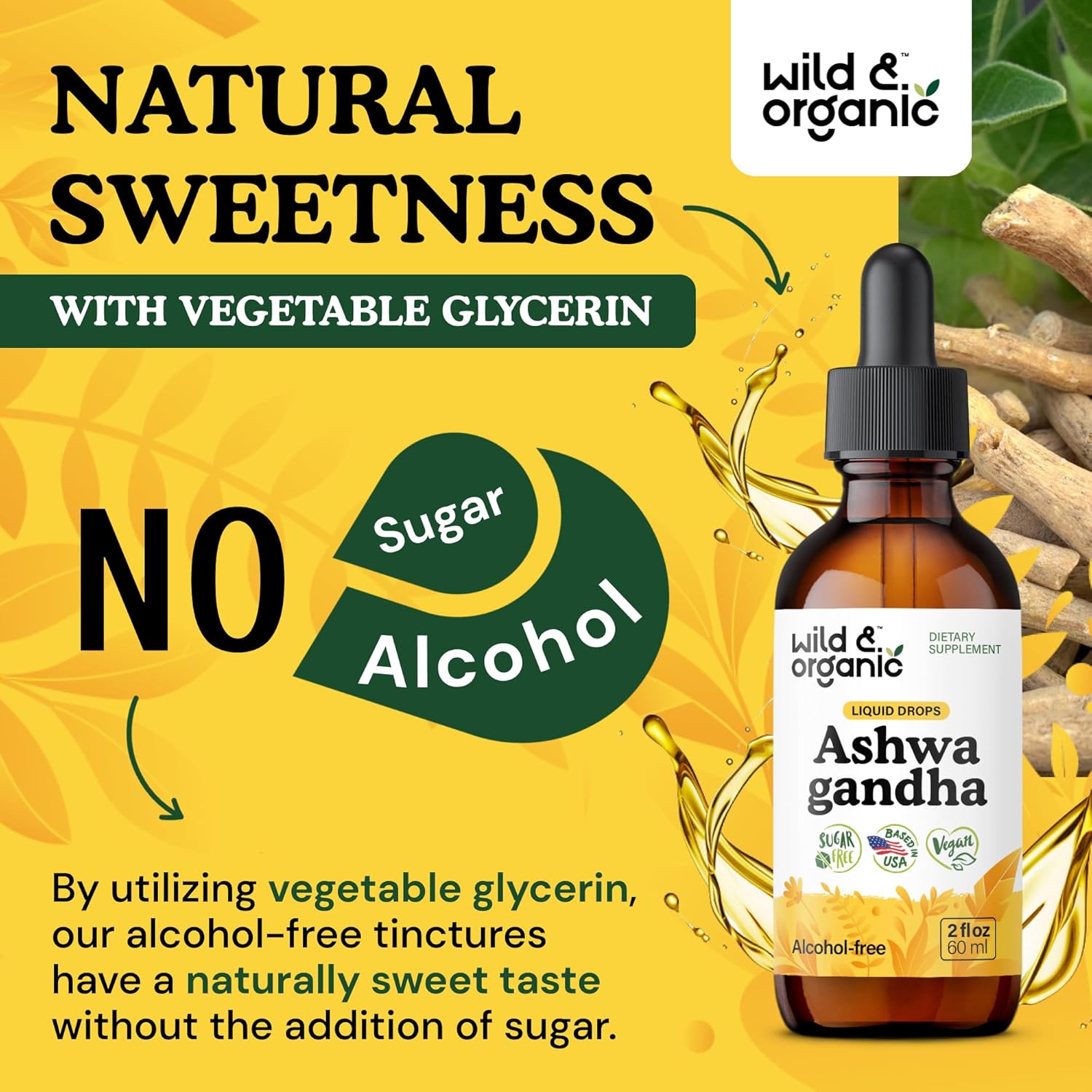 Wild & Organic Ashwagandha Extract Liquid Drops - Relaxation & Calmness Support - 500 mg Ashwagandha for Men & Women - Add to Tea Herbal Supplements - Vegan, Sugar & Alcohol-Free Tincture - 2 fl oz