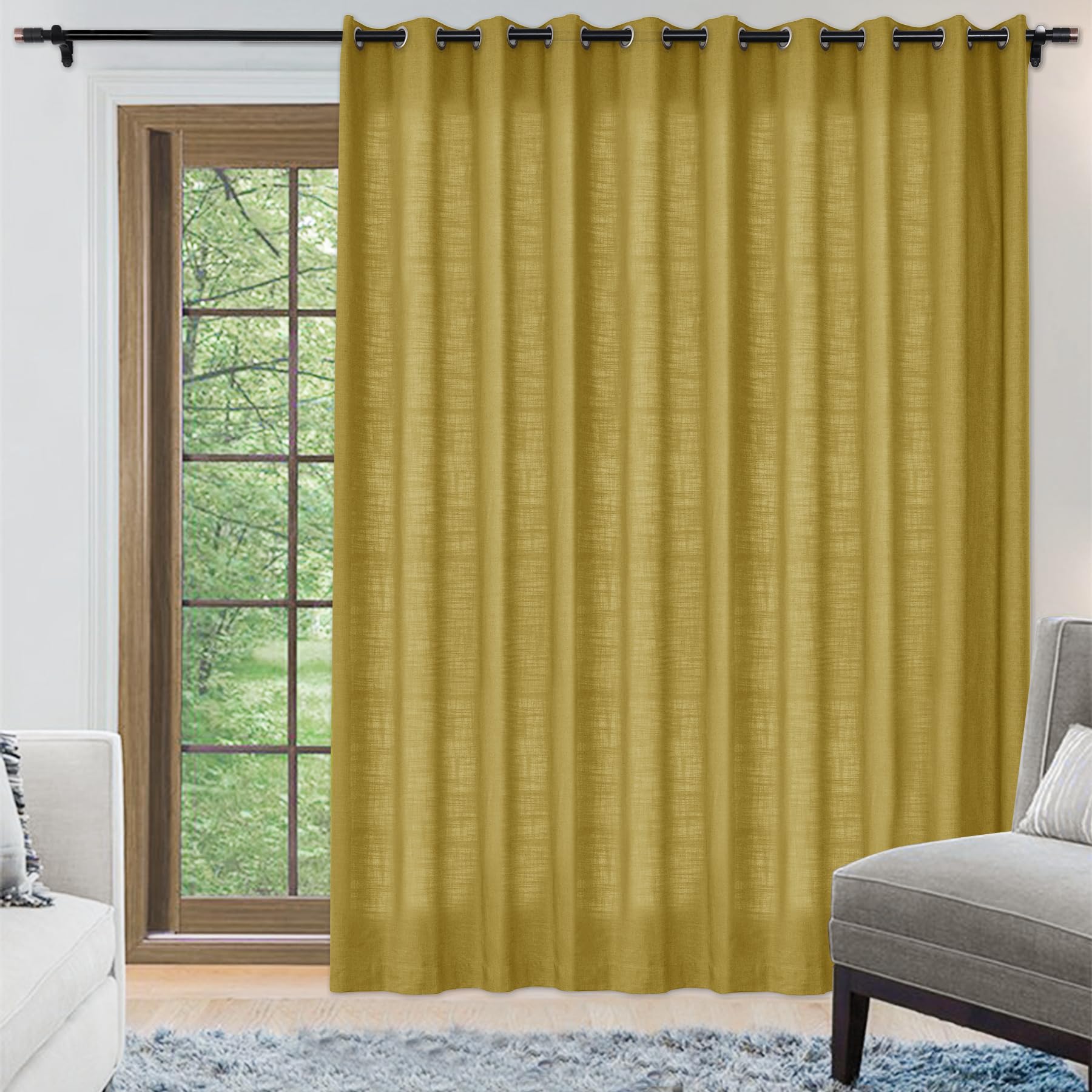 Panneau de draperie thermique en lin uni avec embrasse, rideau de salon 254x243cm