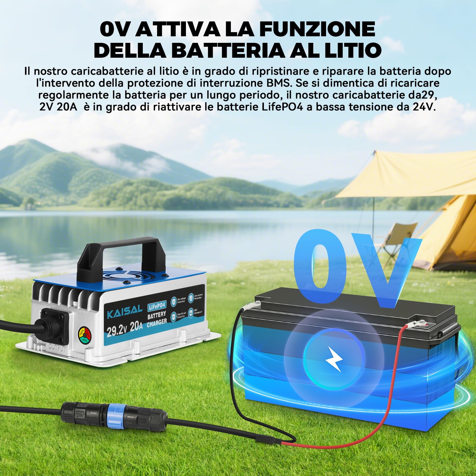 KAISAL 29.2V 20A Caricabatterie al Litio, Caricatore per Batteria al Litio da 24 V (25.6 V), 24V Intelligente Caricabatteria LiFePO4 Impermeabile IP67 per Camper, Barca, Solare