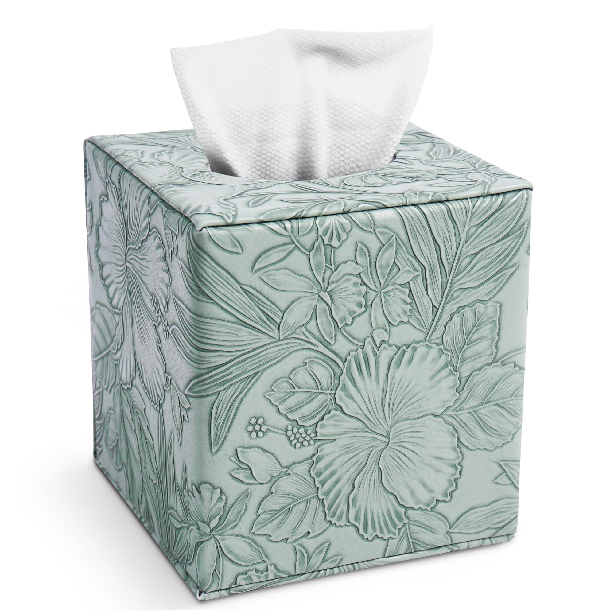 Mtzmy Tissue Box Cover Square with Magnetic Closure, PU Leather Tissue Box Holder for Bathroom NightStands Livingroom, Decorative Modern Square Tissue Holder(1-Carved Green)