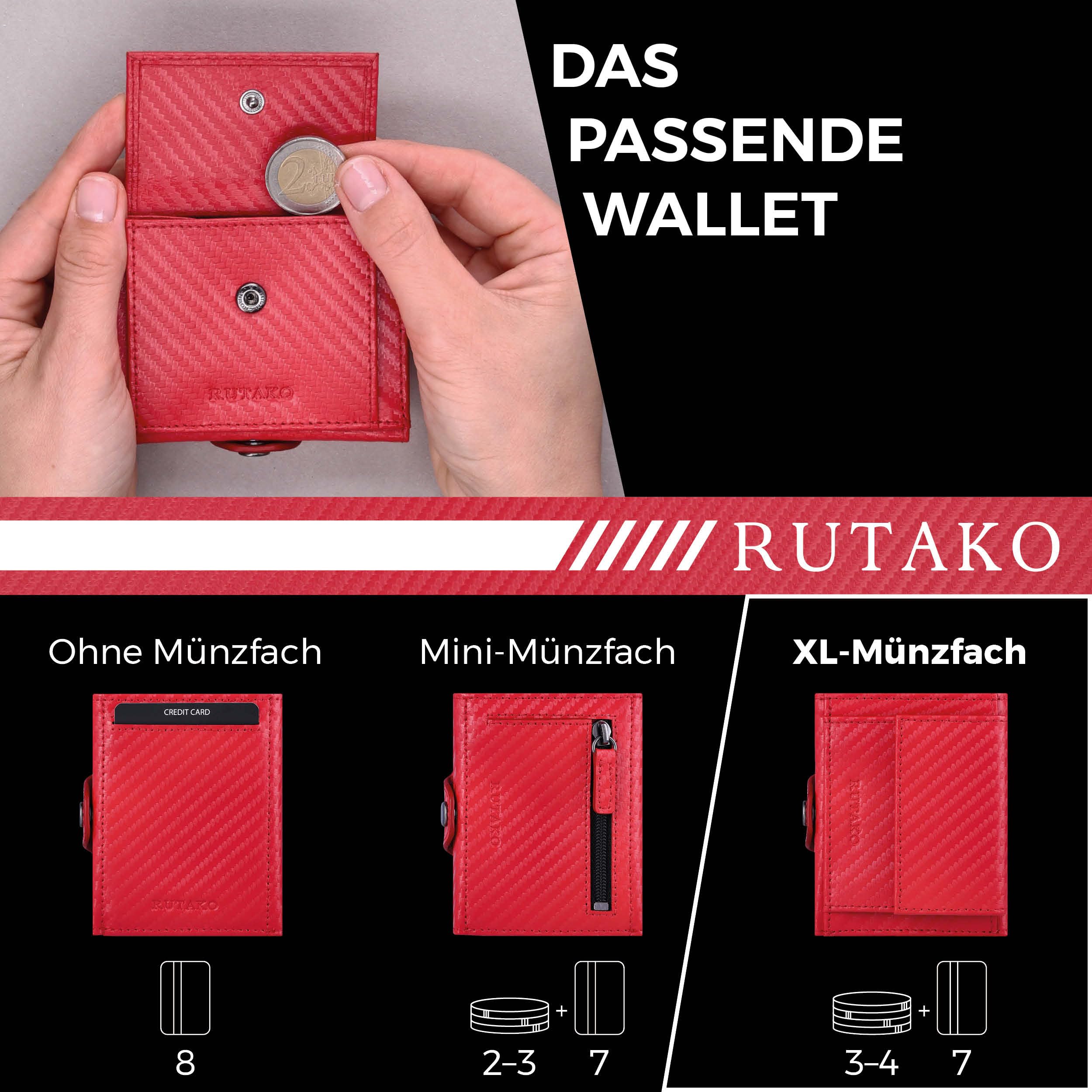 RUTAKO Slim Wallet mit XL Münzfach & RFID-Schutz - Kartenetui Herren & Damen - Kreditkartenetui klein - Mini Geldbörse - Portmonee Portemonnaie klein - Geldbeutel Carbon-Rot