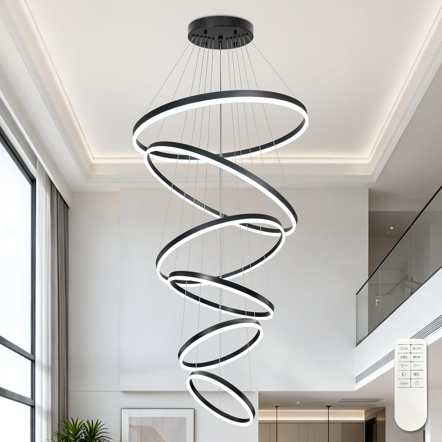 32" Black Modern Ring Chandeliers Dimmable Modern Led Chandelier with Remote Minimalist 6 Ring High Ceiling Chandelier for Living Room Staircase Foyer Porch Entryway Villas