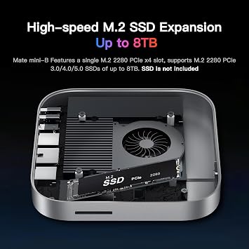 قاعدة توصيل Mac mini M4، قاعدة توصيل Beelink EX Mate Mini-B بسرعة 80 جيجابت في الثانية، فتحة SSD PCIex4 مقاس 1*M.2، سعة توسعة تصل إلى 8 تيرابايت، فتحة بطاقة SD4.0، شبكة LAN 2.5G، منفذ USB C PD3.0 بقوة 15 وات، منفذ USB A 2*5 جيجابت في الثانية، صوت 3.5 مم