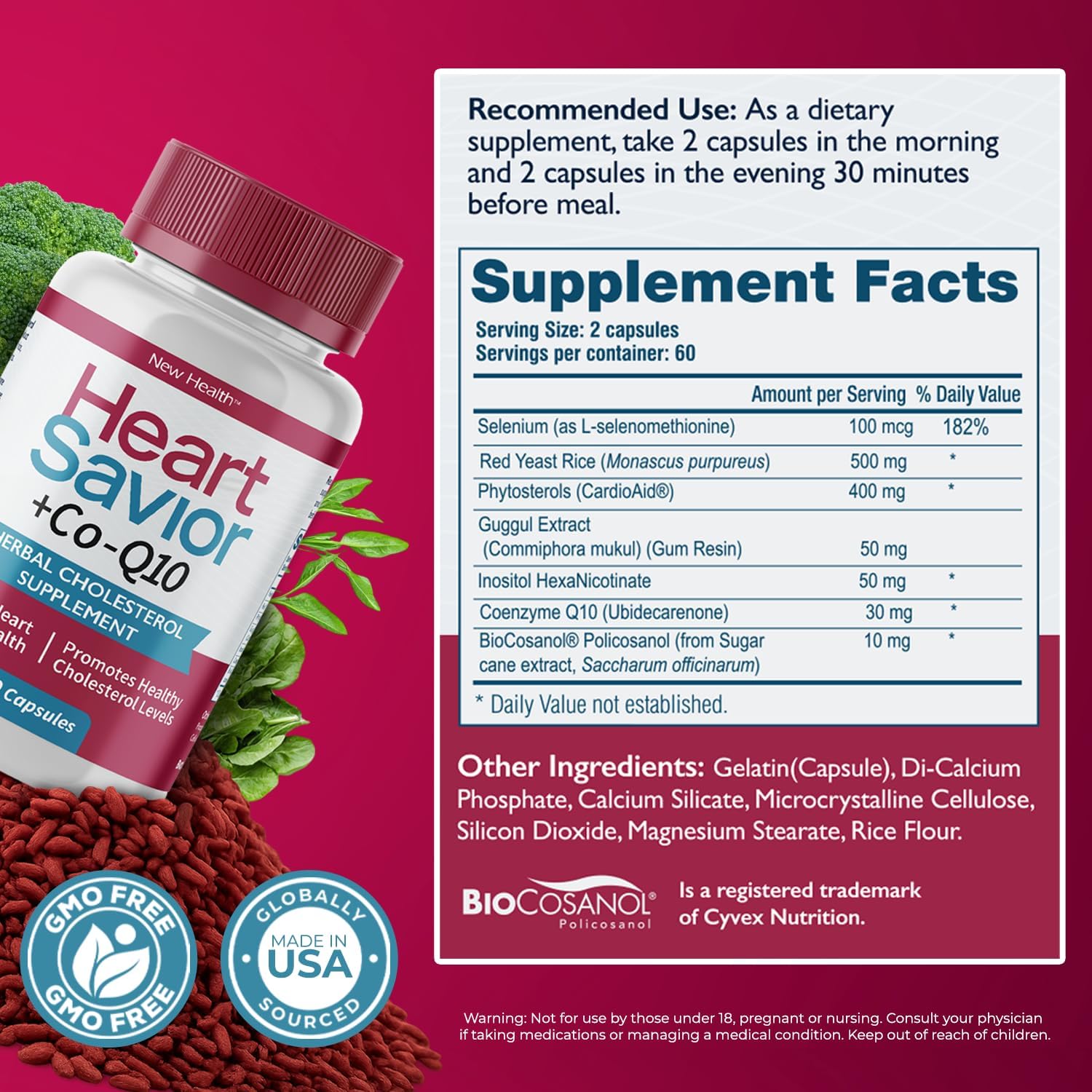 HeartSavior Natural Cholesterol Support Supplement with Red Yeast Rice, CoQ10, Plant Sterols & Niacin Blend - 7-Ingredient Healthy Formula for Men & Women - Made in USA, Non-GMO, (120 Capsules)