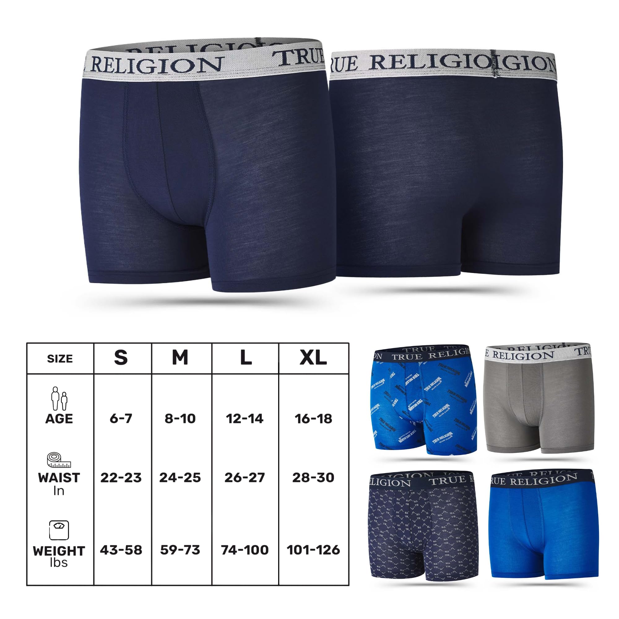 True Religion Confezione da 5 boxer per ragazzi dai 6 ai 18 anni, resistenti, elasticizzati, traspiranti, traspiranti