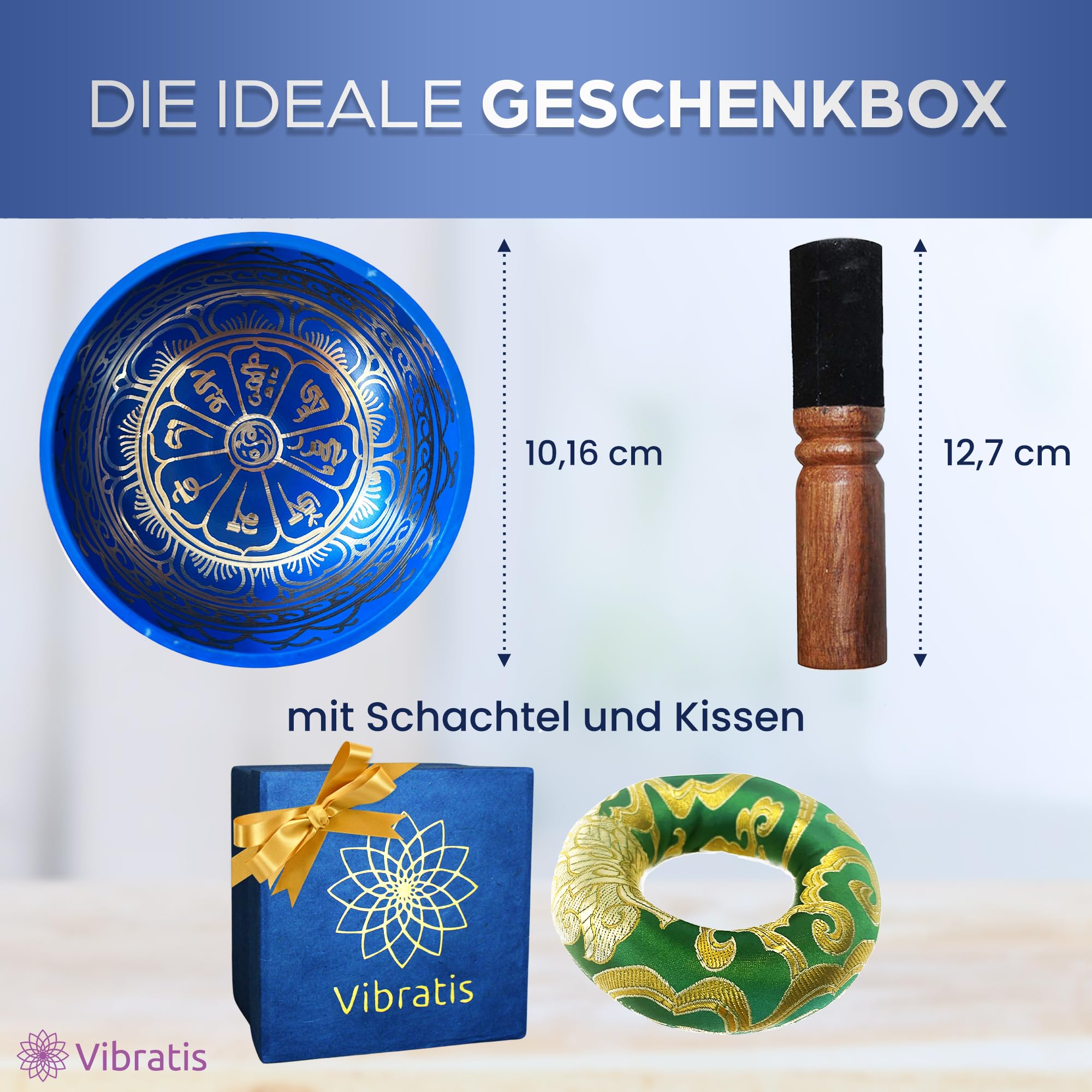 VIBRATIS Tibetische Klangschale – Handgefertigt in Nepal – Halschakra Klangschale mit Kissen & Holzschlegel – Meditation & Entspannung