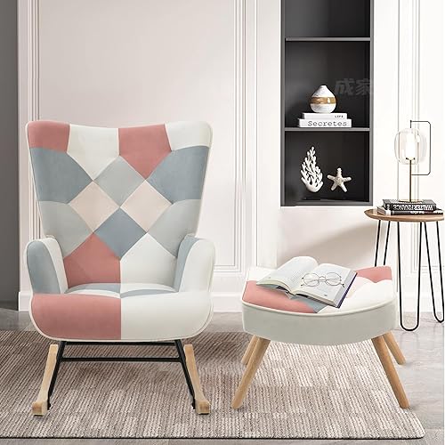 Miniatura 3 de MEMAEMO Mecedora de retazos con otomana tapizada, sillas de acento con respaldo alto, silla deslizadora pequeña, cómoda silla lateral para