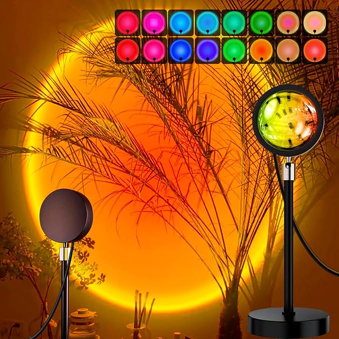 YoohNuse Aluminium Sunset Lamp Projector Sun LED Lamp Projection For Aesthetic Room Décor Sunset Light With Remote 16 Colors Changing Sunrise Mood Atmosphere Lamp For Bedroom,Multicolor