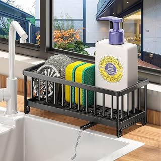 Kitchen Sink Caddy, Sponge Holder for Kitchen Sink, Dish Sponge Organizer with Divider, Rustproof 304 Stainless Steel Dish Brush Holder Storage for Bathroom (Black)