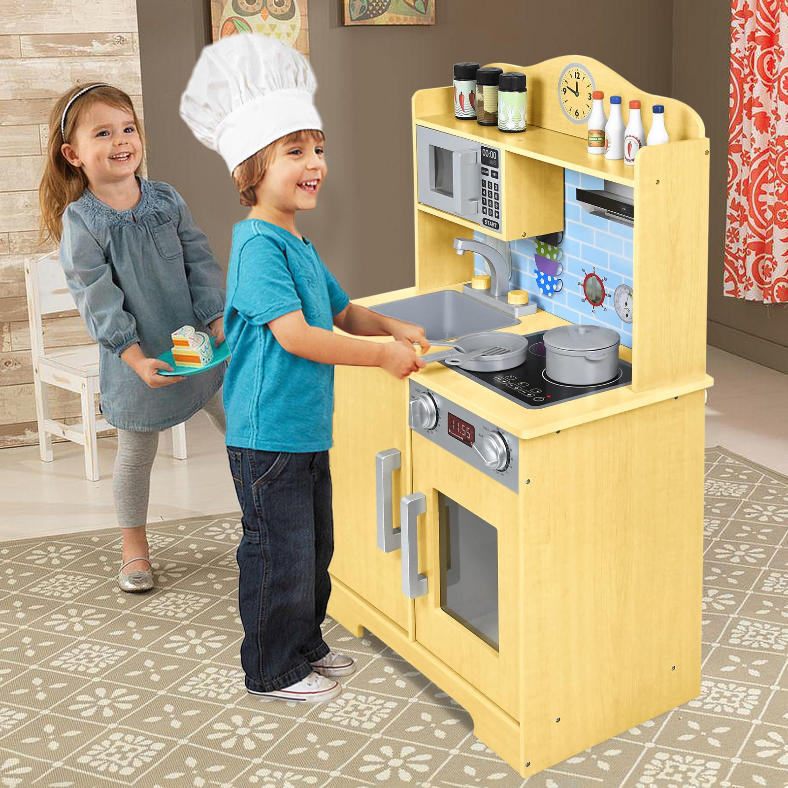 UISEBRT Cucina Giocattolo in Legno, Cucina per bambini con piano cottura lavello forno a microonde, altezza 92 cm, giocattolo per bambini 3+ anni, modello B