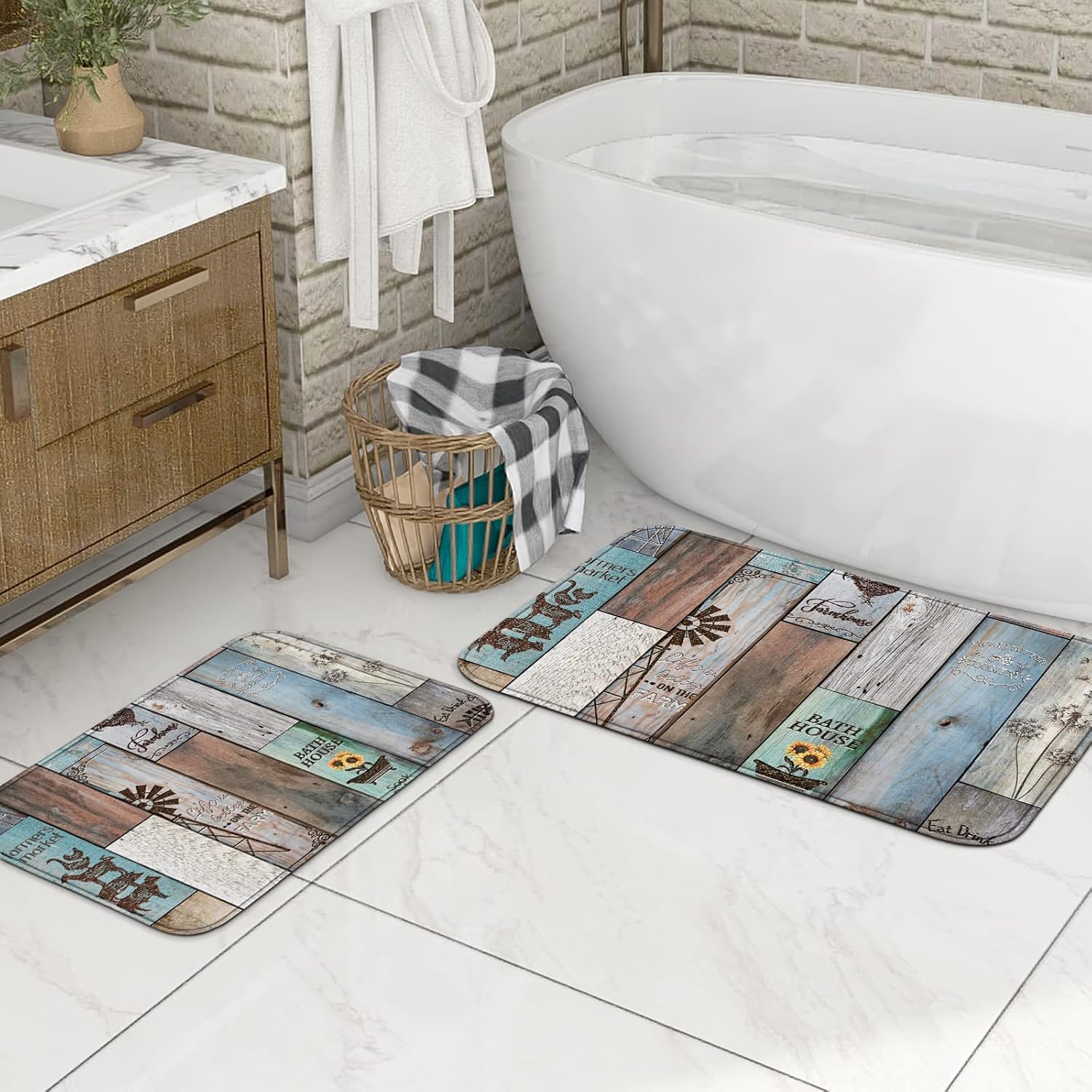 3Pcs Farmhouse Bathroom Sets with Shower Curtain and Rugs, 72'' Shower Curtain and Two Non-Slip Washable Bath Mats (15.7''x23.6''&19.7''x31.5''), Rustic Bathroom Decor