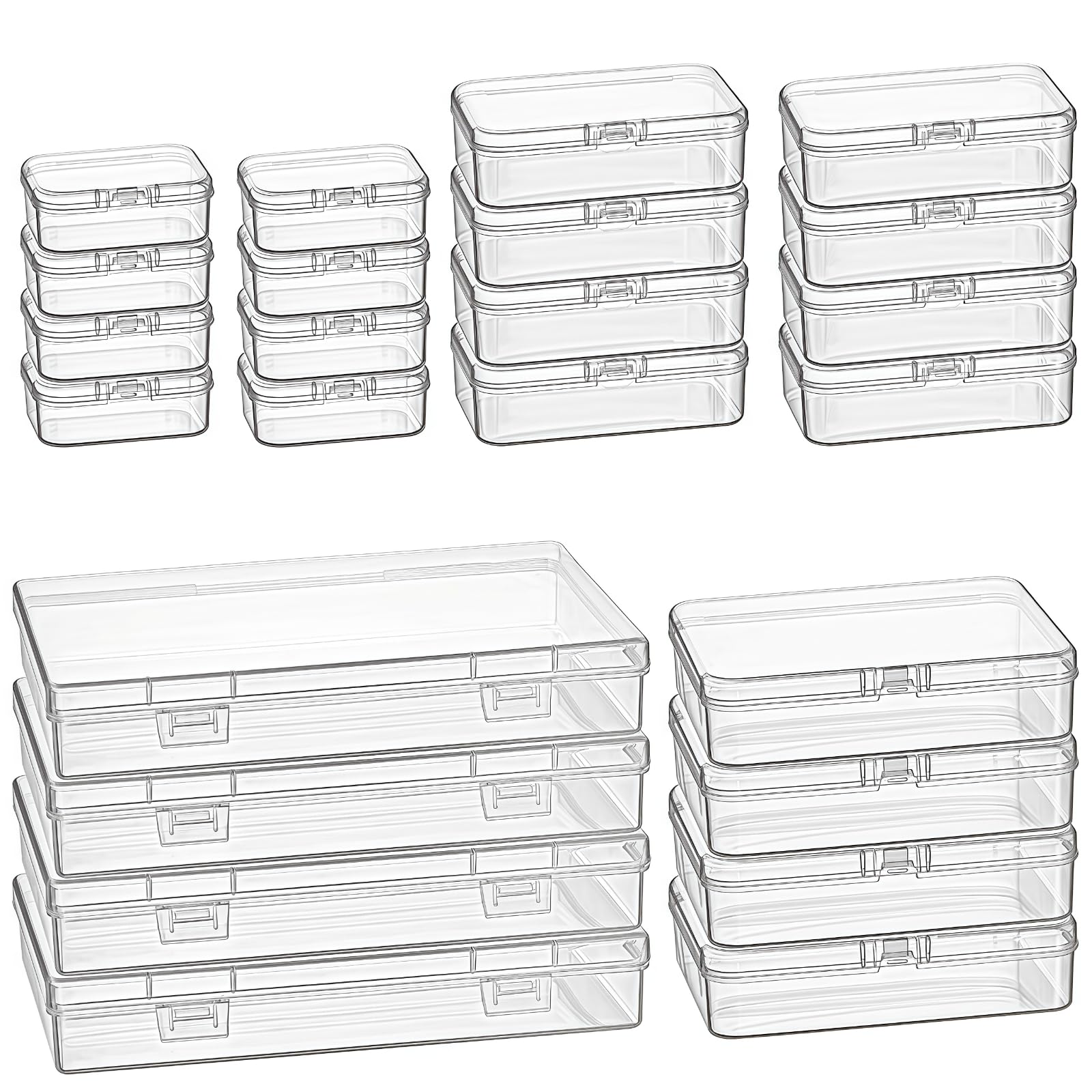 Goodma 24 Pieces Mixed Sizes Rectangular Empty Mini Clear Plastic Organizer Storage Box Containers with Hinged Lids for Small Items and Other Craft Projects