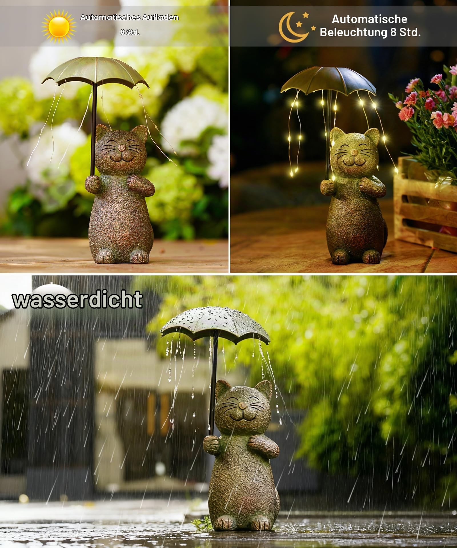 Yeomoo Katzen Deko mit Solar LED Regenschirm Gartendeko Geschenk Kupfer