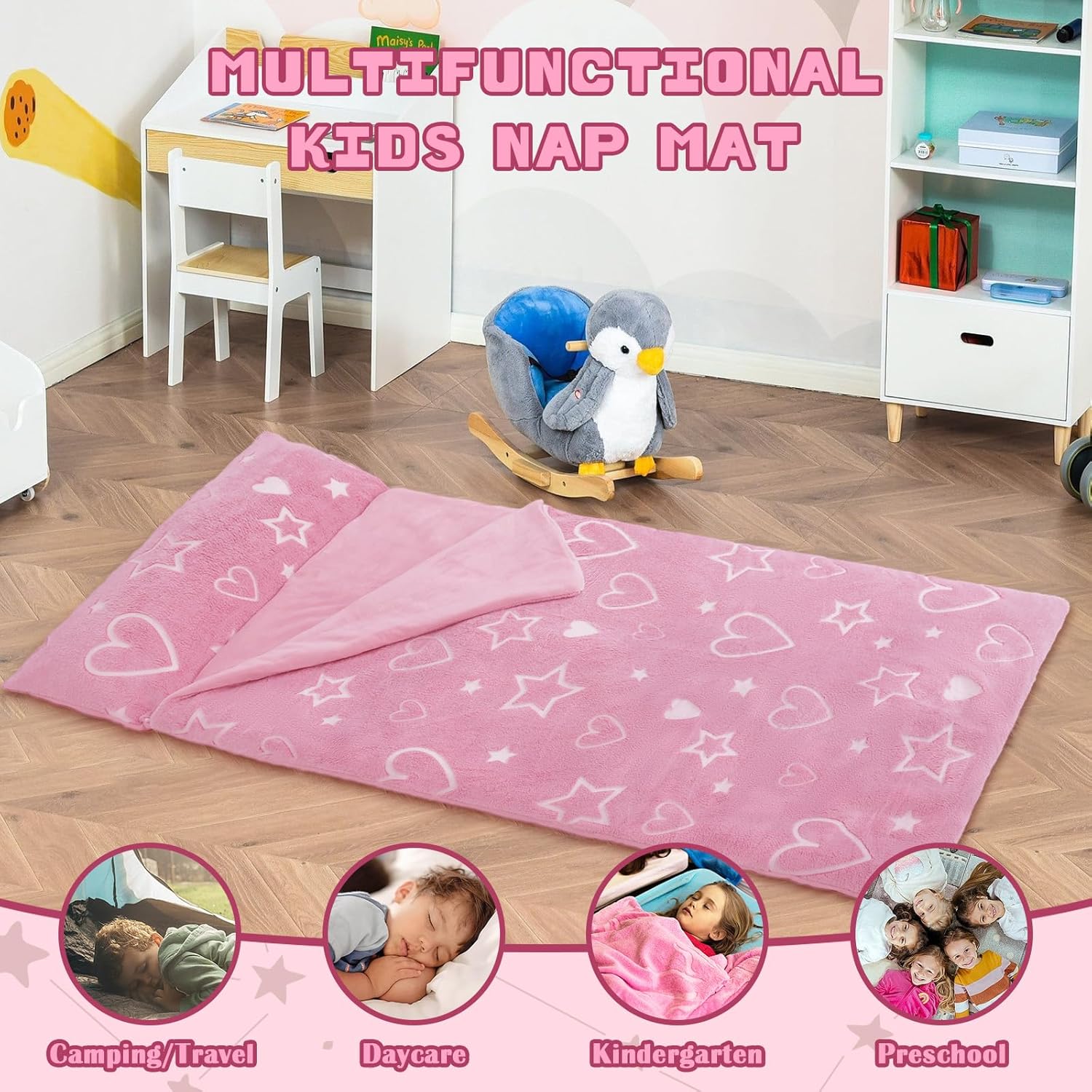 Kids Sleeping Bag Soft Plush Glowing Toddler Nap Mat with Pillow for Boys Girls Large Sleeping Mat for Daycare Preschool Kindergarten