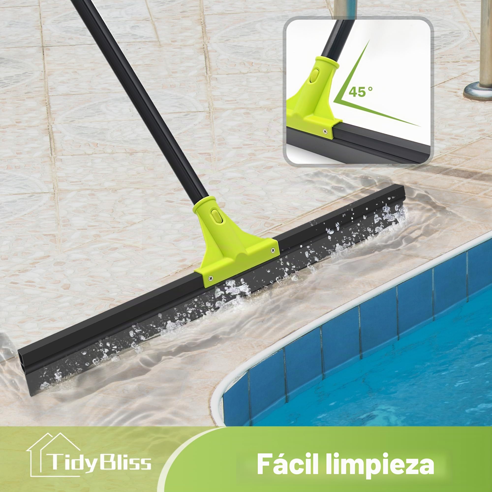 TidyBliss Escoba de Goma 60 cm para Suelo con Mango Adjustable 158 cm, Escobilla Caucho para Limpiar Ducha Azulejo Hormigón Baño Mármol Cristal Garaje Tienda Cubierta Ventana Patio Jardín (Verde)
