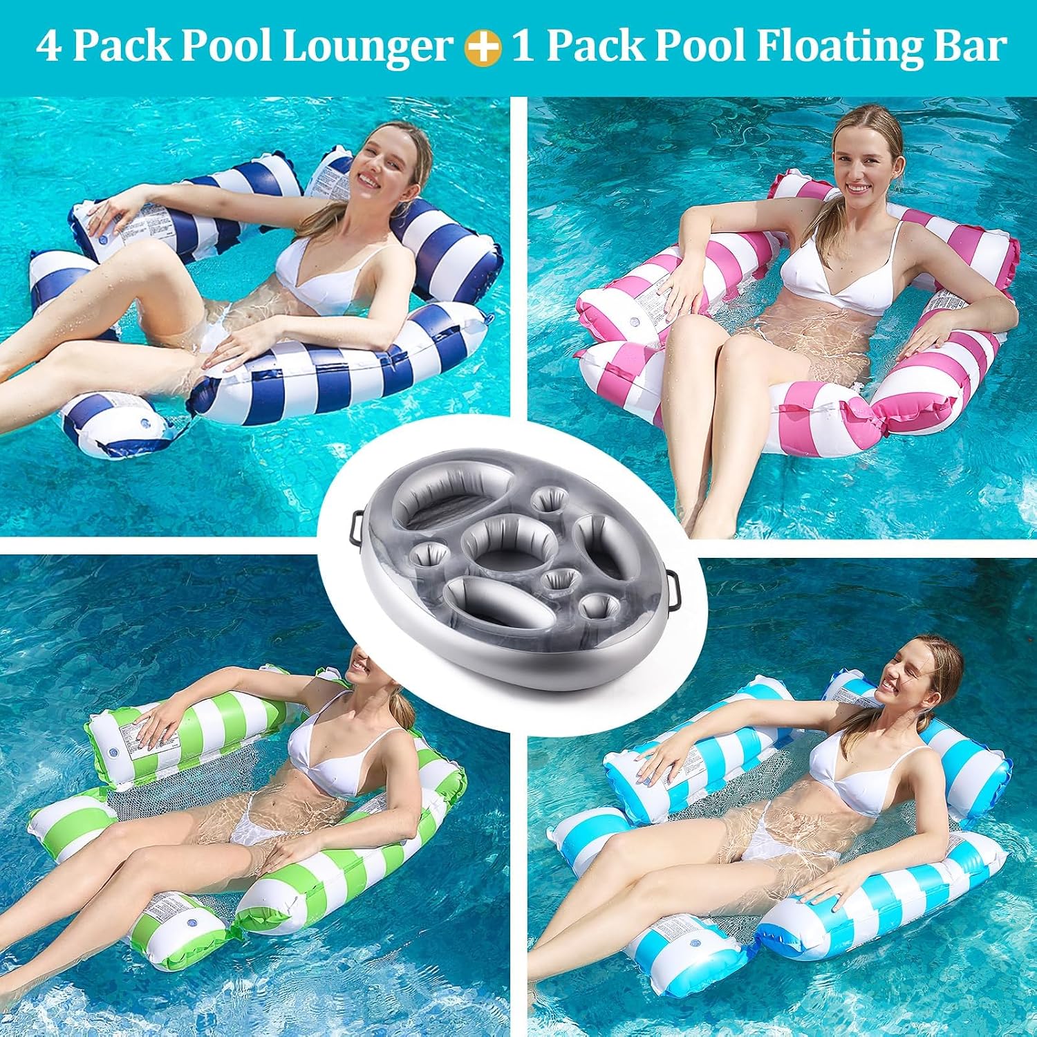 4 Pack Inflatable Pool Floats Adult, Pool Float Rafts Water Hammock with Cup Holders, Pool Floaties for Adults