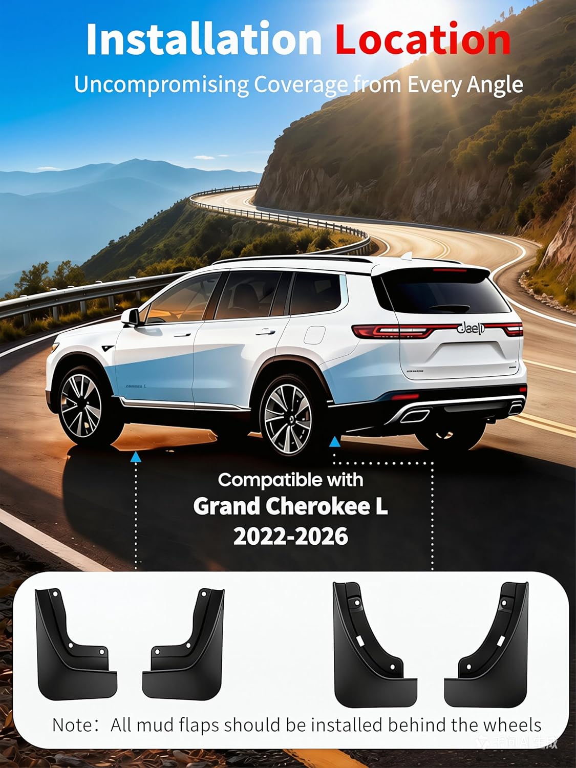 No Drill Mud Flaps for Jeep Grand Cherokee L 2022-2026 3-Row 7 Seats, Heavy Duty All Weather Splash Guards, Front & Rear OEM Mud Guards Set Fit Laredo/Altitude/Limited/Reserve/Overland/Summit Models