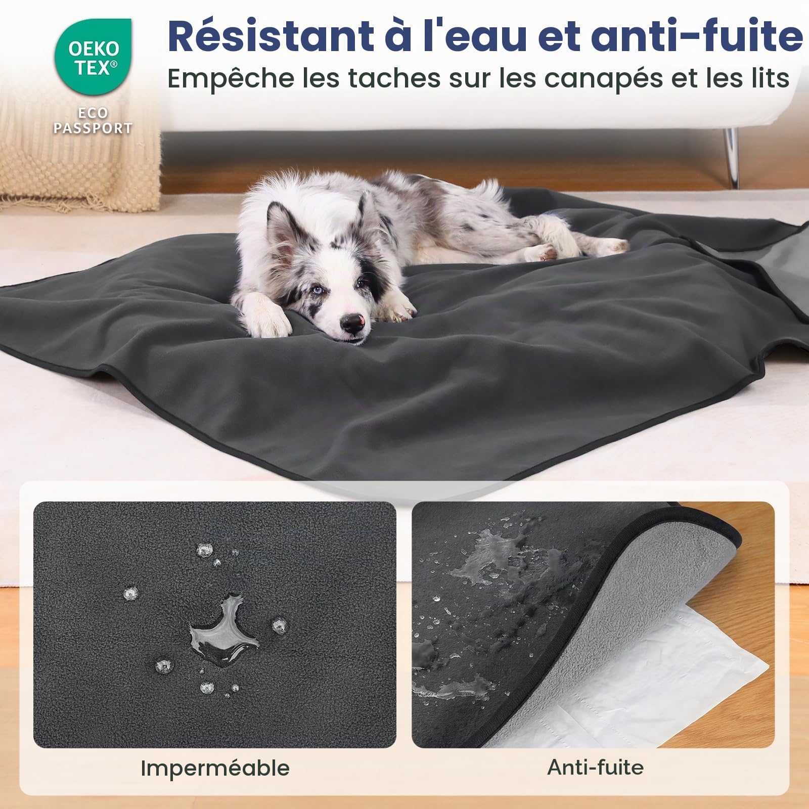 PETTOM Couverture Chien Imperméable(152x127cm), Plaid Chien Anti Pipi pour Canapé Lit Divan, Absorbante Chaude Douce pour Chiot Chat, Gris
