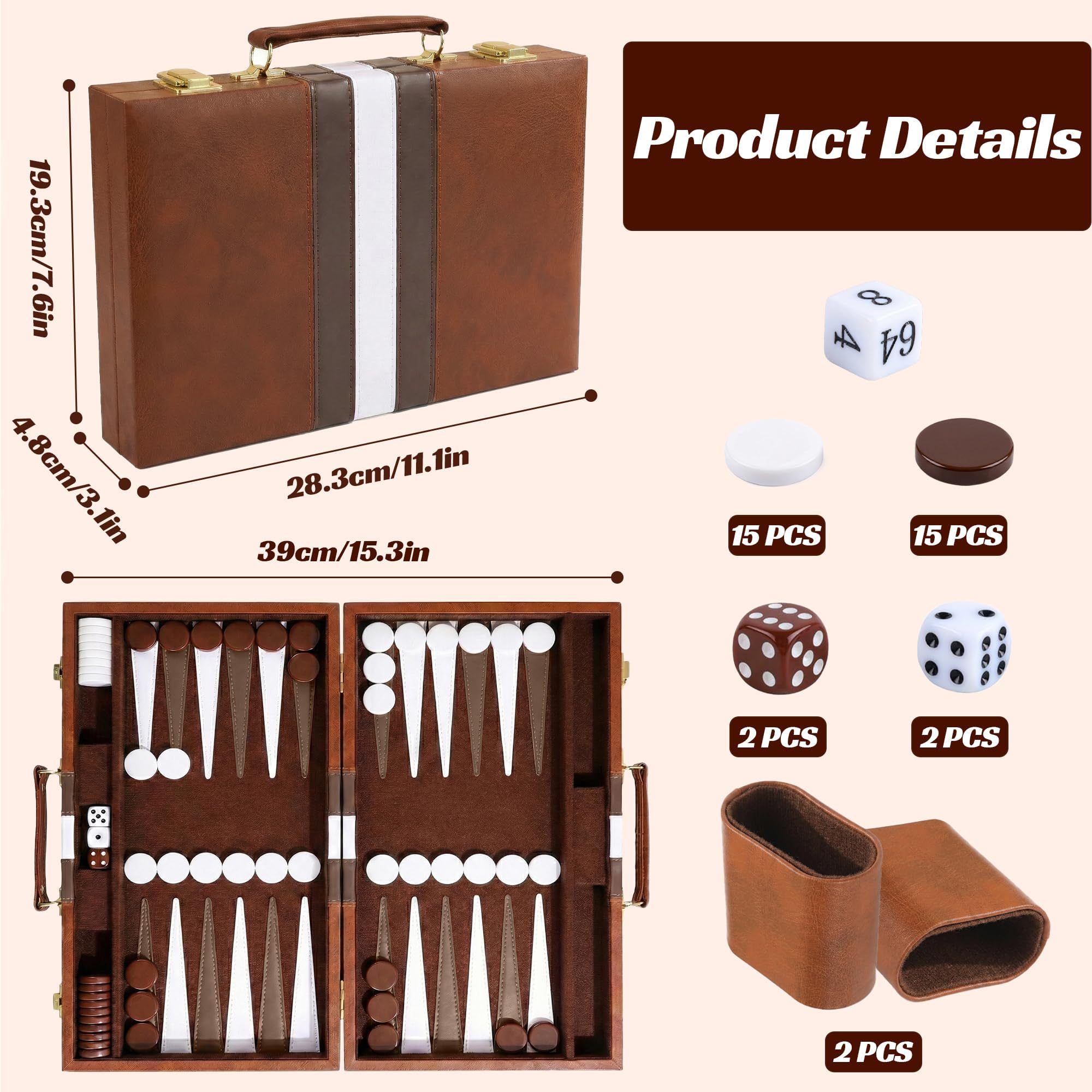 Jeu de Backgammon de Voyage, PUYUKO Jeu de Société de Luxe 11" avec Mallette en Cuir PU pour 2 Joueurs, Mallette de Backgammon avec Dés et Pions pour Adultes et Hommes (Brun)