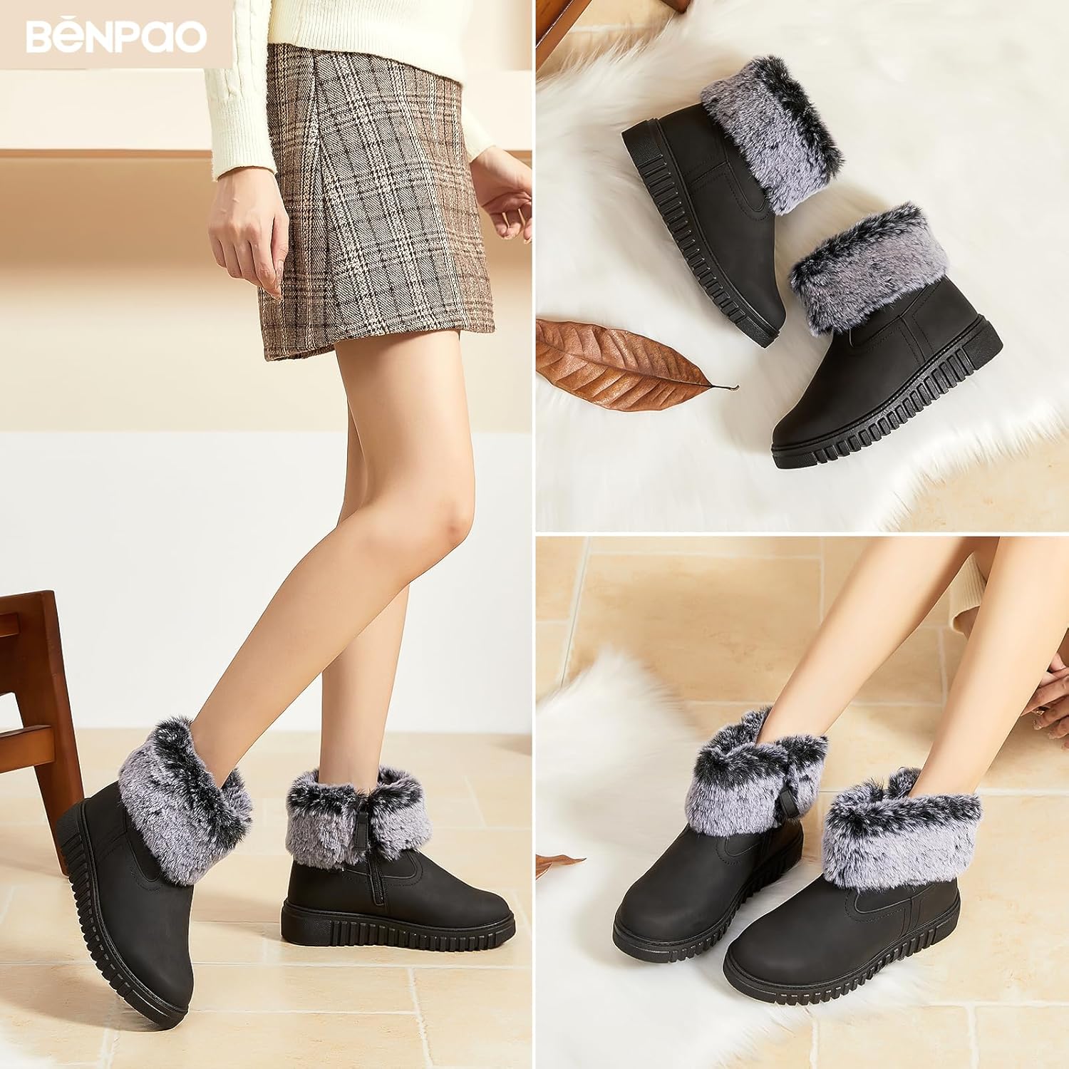 BENPAO Women's Winter Boots Fuzzy Snow Boots for Women Mini Short PU Leather Boots Warm Fur Lined Boots Waterproof Ankle Booties with Zipper