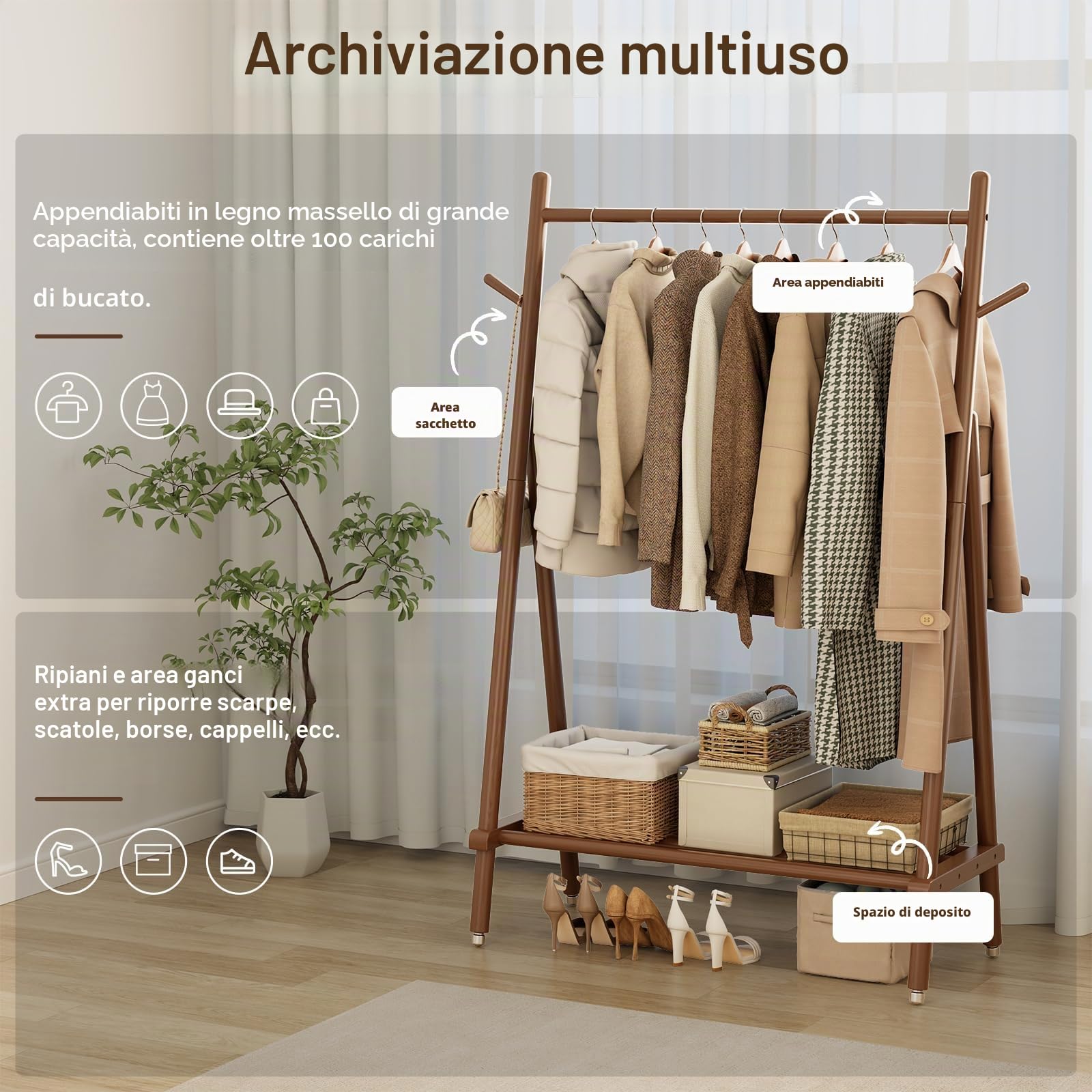 AQIMUELE Stand Appendiabiti con Ruote, Attaccapanni in Legno, 43 x 100 x 157 cm, Appendiabiti da Terra, Resistente, Facile da Montare e Spostare, con Supporto per Scarpe (Noce)