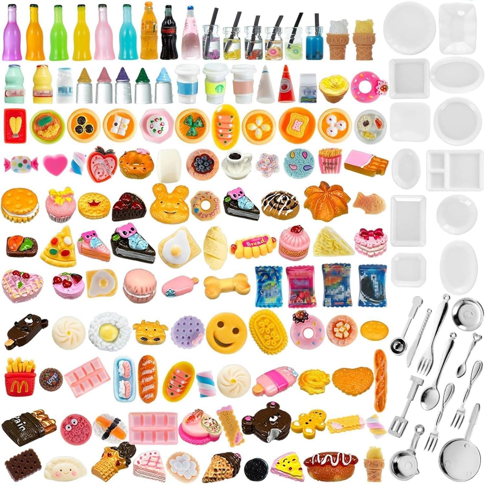 150Pcs Miniature Food Drinks Bottle Toys Mixed for Dollhouse Kitchen Accessories Mini Play Fake Resin Pretend Game Party Tableware 1/12 Doll House Bread Cake Models Micro