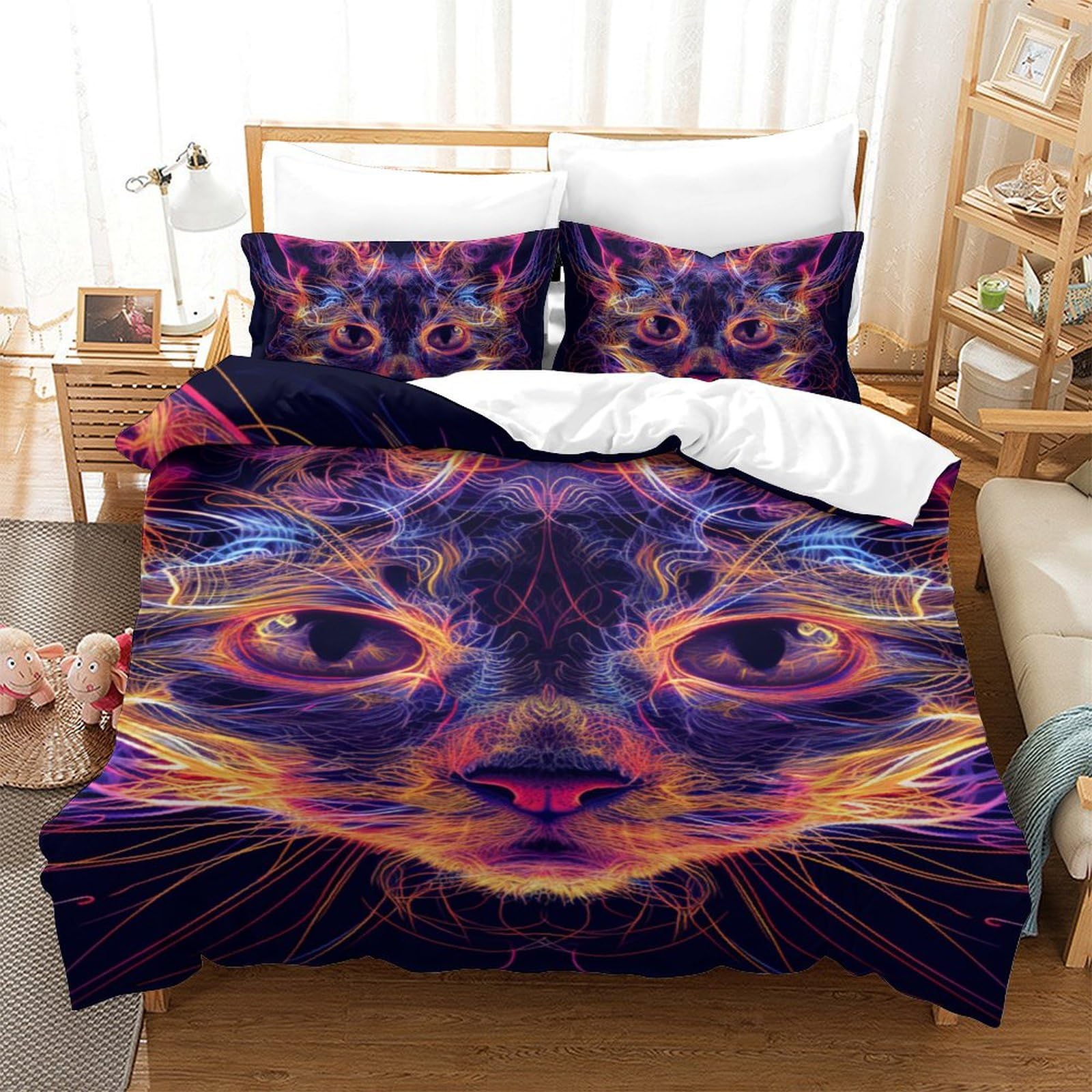 Housses de couettes chat flamme 3D en microfibre lit simple 140x200