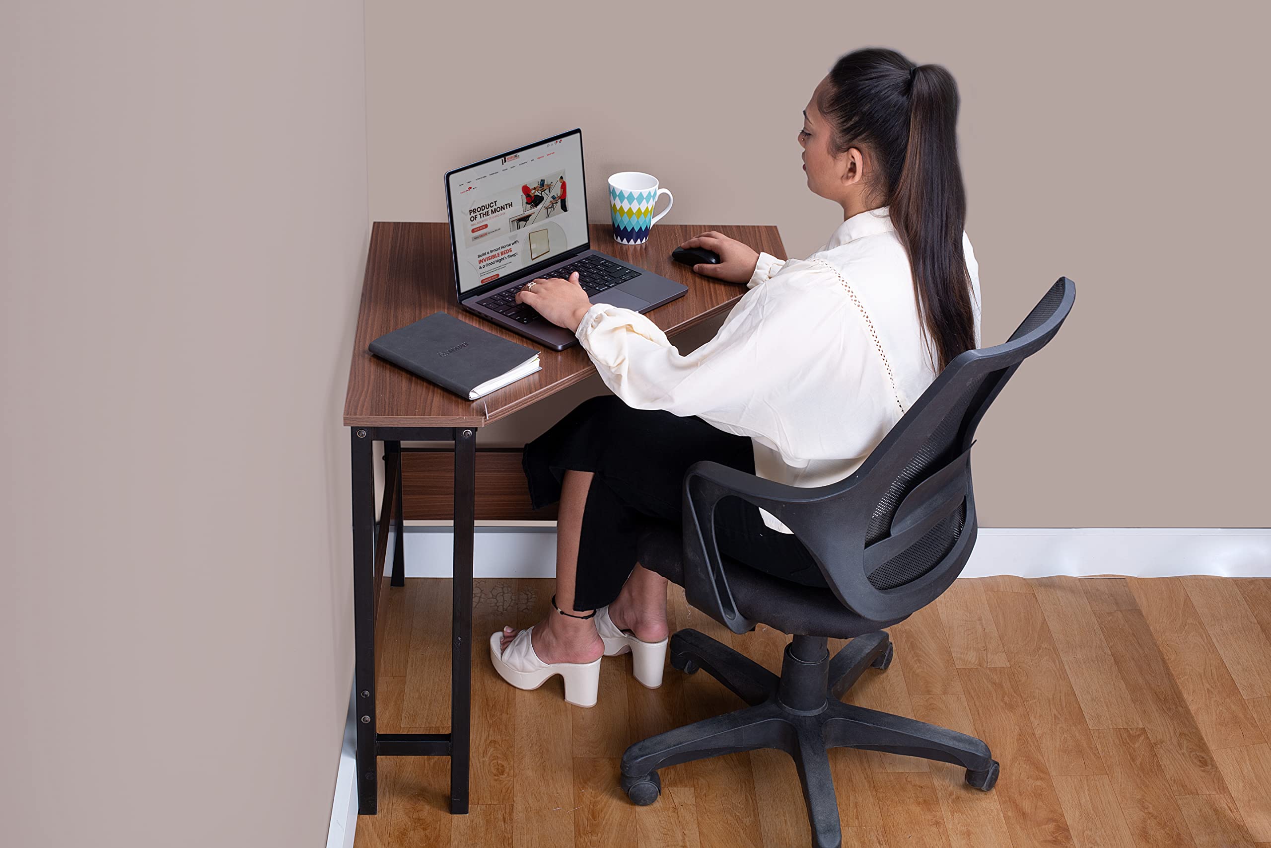 INVISIBLE BED Corner Study Table, Corner Computer Desk & Storage Shelves for Small Space with Wooden Legs(Wood, Wool White)