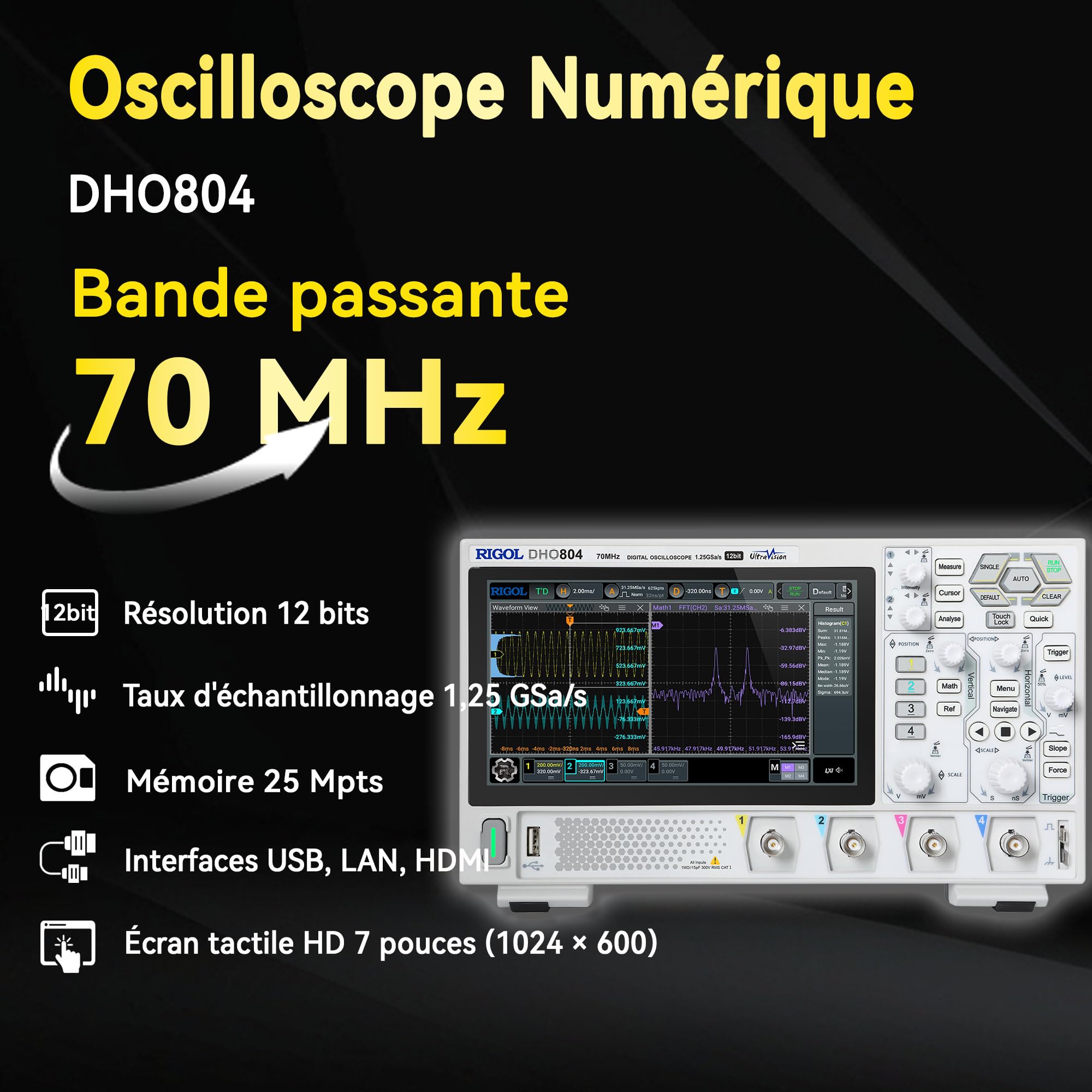 RIGOL Oscilloscope,DHO804 Oscilloscope Numerique,70MHz,4A Canal,Résolution 12 bits, écran tactile HD 7",Ultra-Portable,Pour tests sur site et enseignement en laboratoire