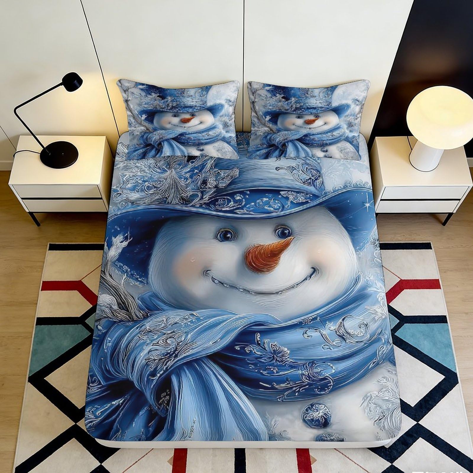 3D Printed Snowman Fitted Sheet Microfiber Soft Blue Cartoon Bed Cover for Bedroom Guest Room Dorm Mattress Decor 90x200x25cm
