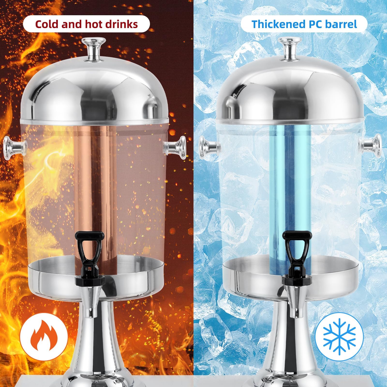 Dispensador de bebidas con núcleo de refrigeración de acero inoxidable, 2 x 8 l, con recipiente transparente de PC y bandeja de goteo, ideal para fiestas, buffet y catering, bebidas calientes y frías
